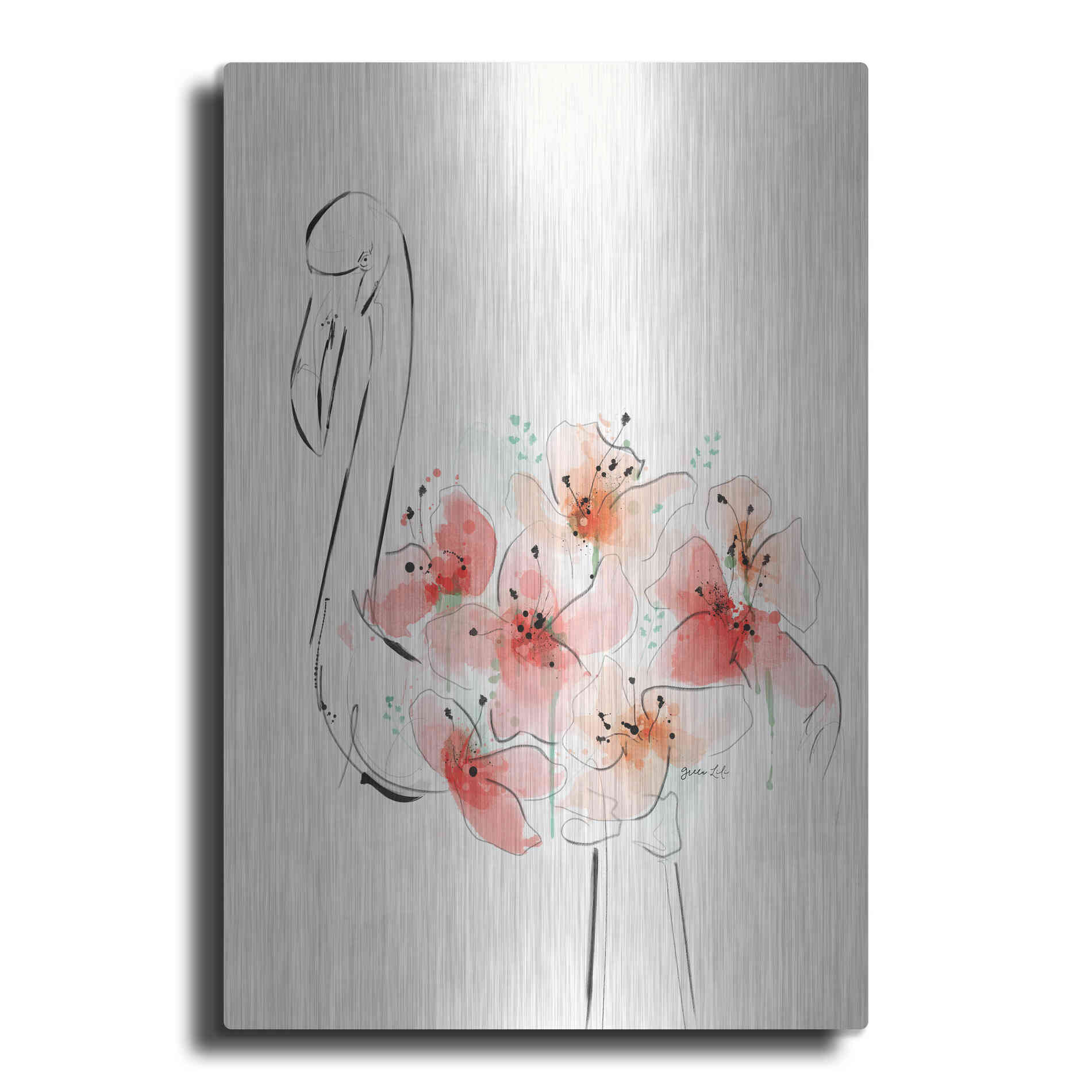 Luxe Metal Art 'Flamingo Flowers' by Green Lili, Metal Wall Art