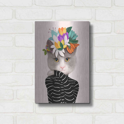 Luxe Metal Art 'Cat With Flowers and Finch' by Ioana Horvat, Metal Wall Art,12x16