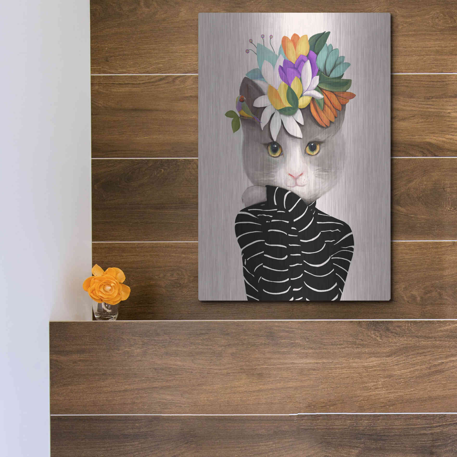 Luxe Metal Art 'Cat With Flowers and Finch' by Ioana Horvat, Metal Wall Art,12x16