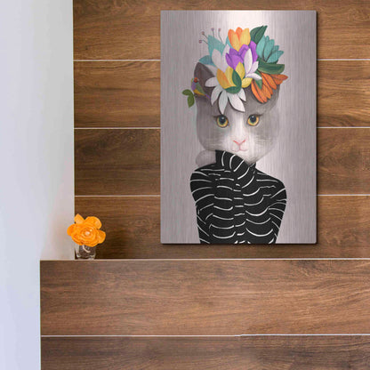 Luxe Metal Art 'Cat With Flowers and Finch' by Ioana Horvat, Metal Wall Art,12x16