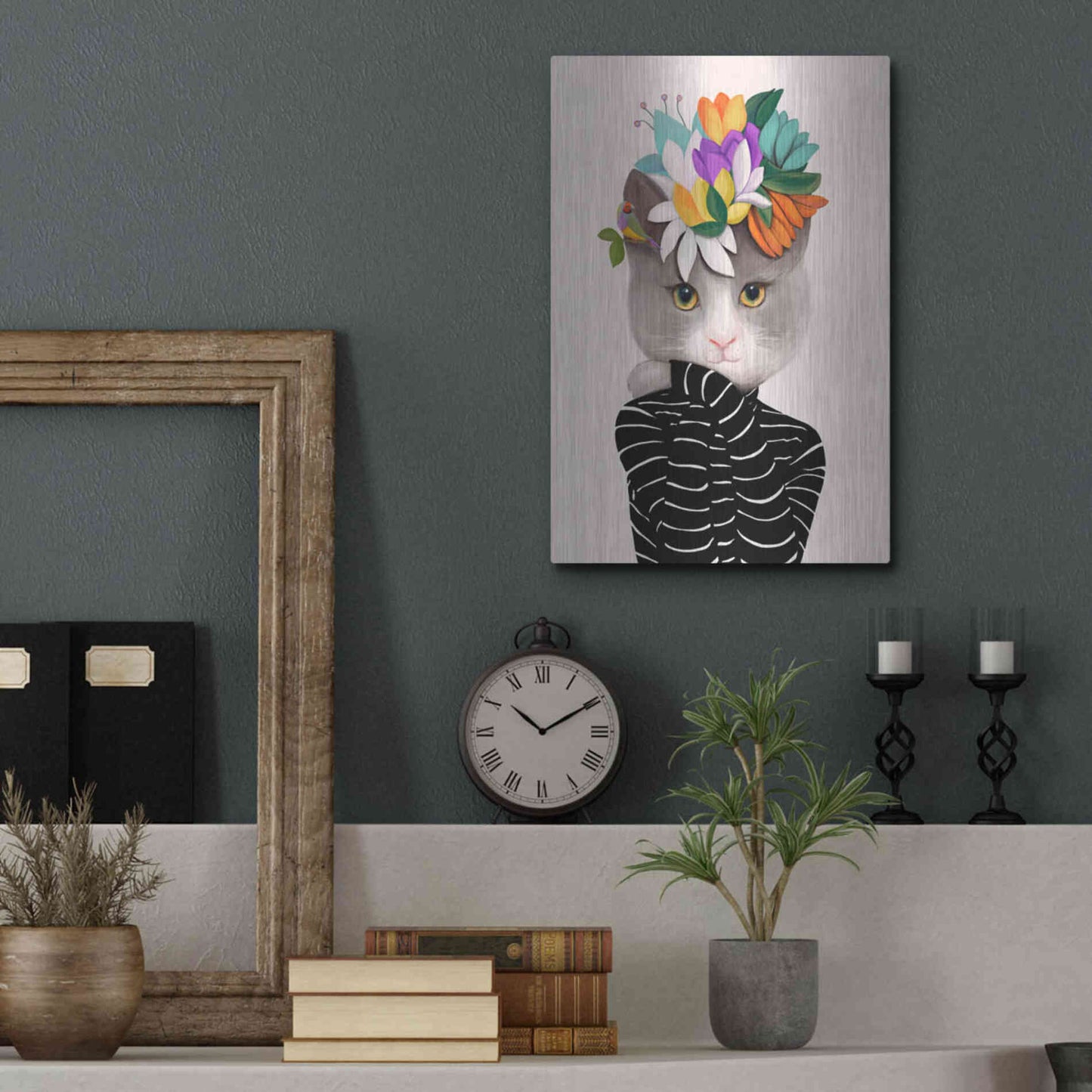 Luxe Metal Art 'Cat With Flowers and Finch' by Ioana Horvat, Metal Wall Art,12x16