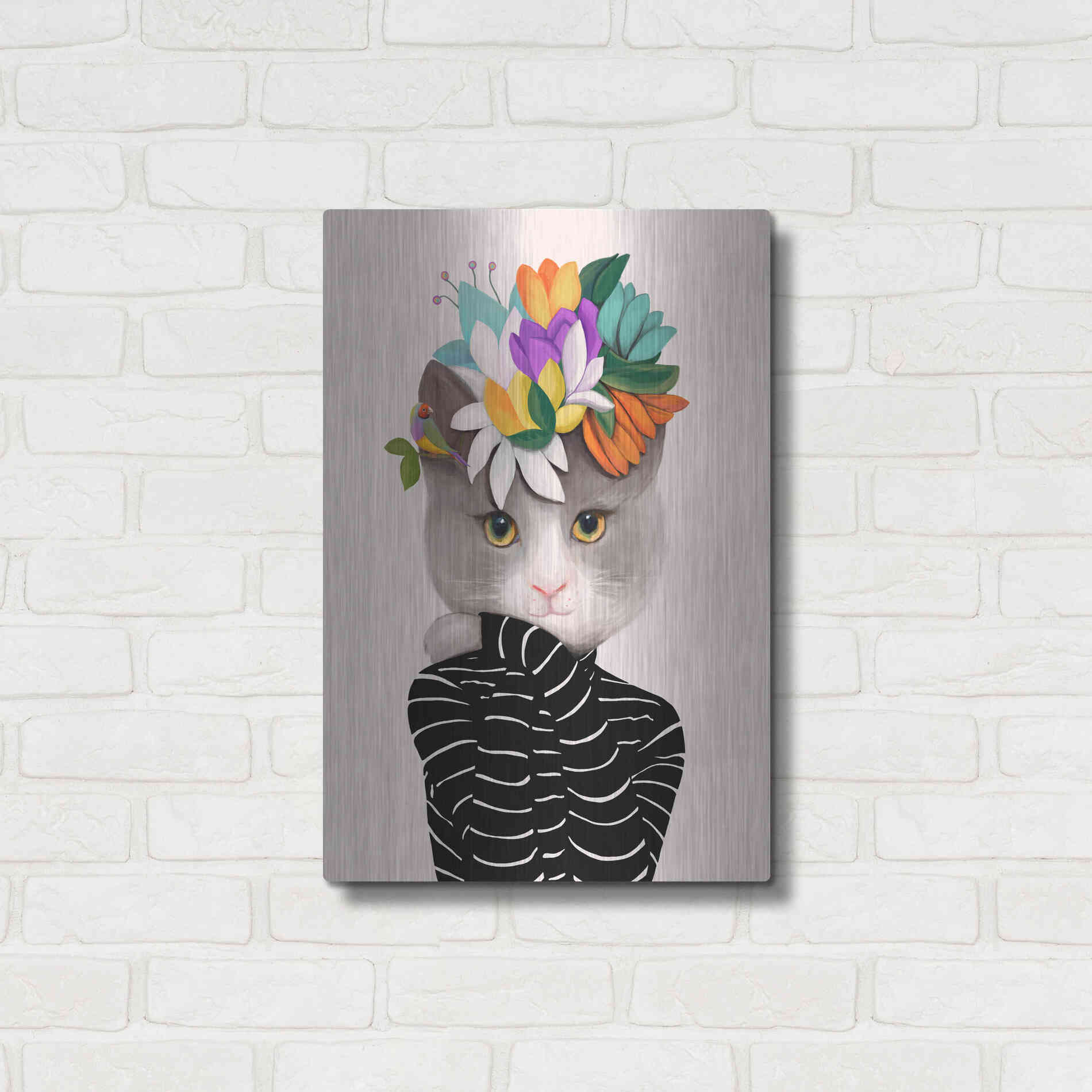 Luxe Metal Art 'Cat With Flowers and Finch' by Ioana Horvat, Metal Wall Art,16x24