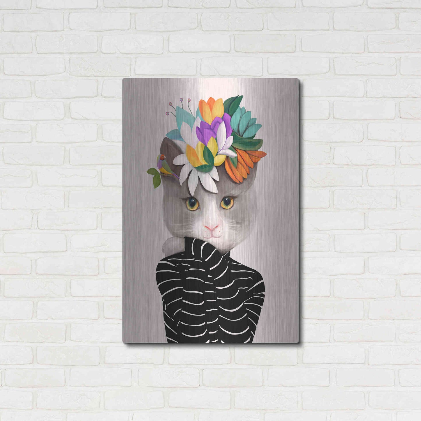 Luxe Metal Art 'Cat With Flowers and Finch' by Ioana Horvat, Metal Wall Art,24x36