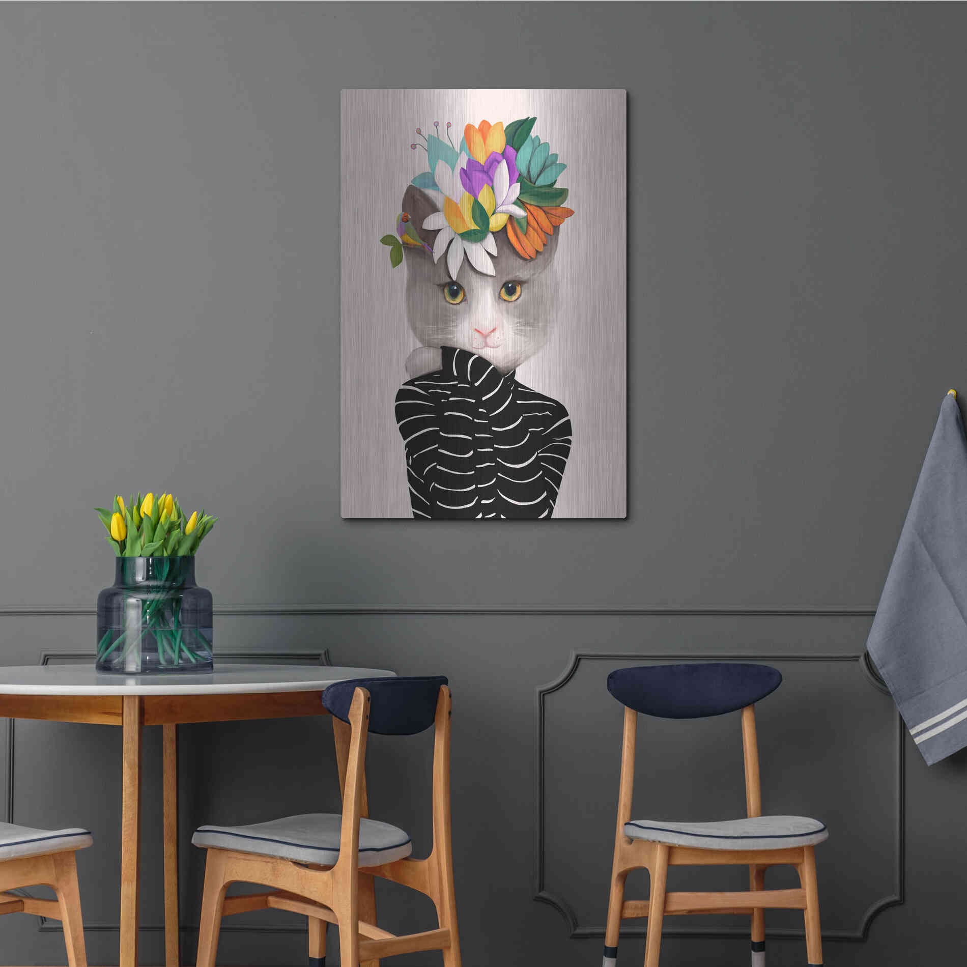 Luxe Metal Art 'Cat With Flowers and Finch' by Ioana Horvat, Metal Wall Art,24x36