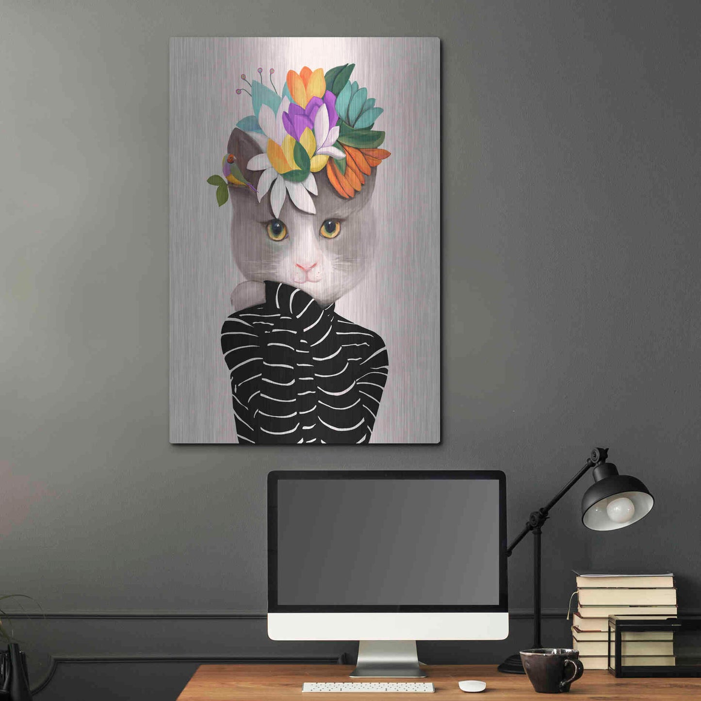 Luxe Metal Art 'Cat With Flowers and Finch' by Ioana Horvat, Metal Wall Art,24x36