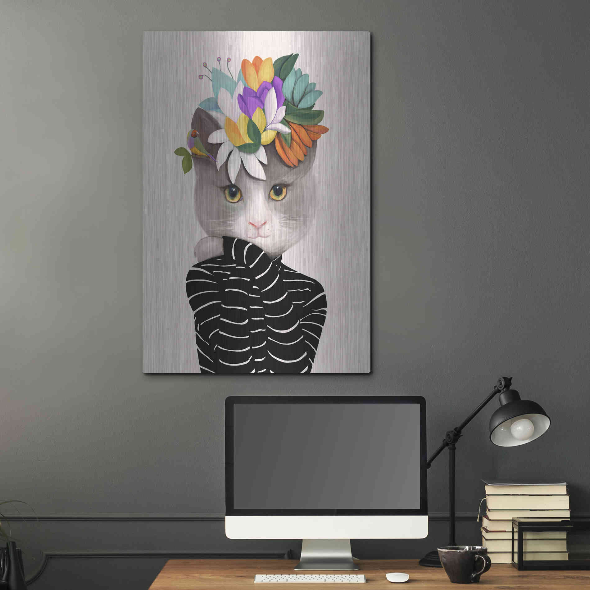 Luxe Metal Art 'Cat With Flowers and Finch' by Ioana Horvat, Metal Wall Art,24x36