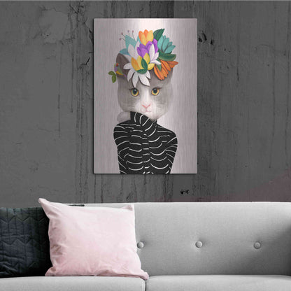 Luxe Metal Art 'Cat With Flowers and Finch' by Ioana Horvat, Metal Wall Art,24x36