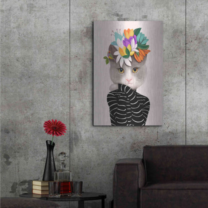 Luxe Metal Art 'Cat With Flowers and Finch' by Ioana Horvat, Metal Wall Art,24x36