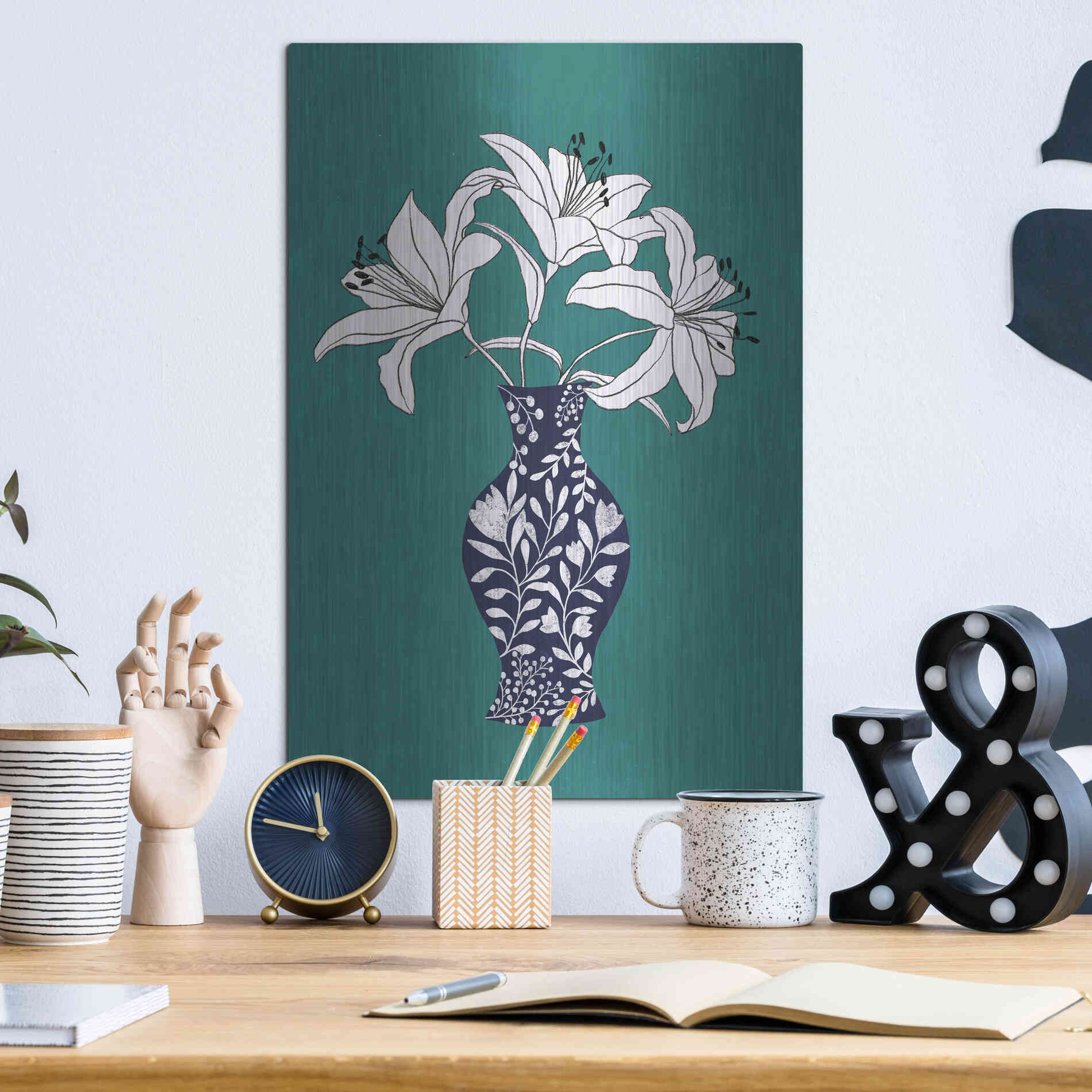 Luxe Metal Art 'Lily On Teal' by Ioana Horvat, Metal Wall Art,12x16