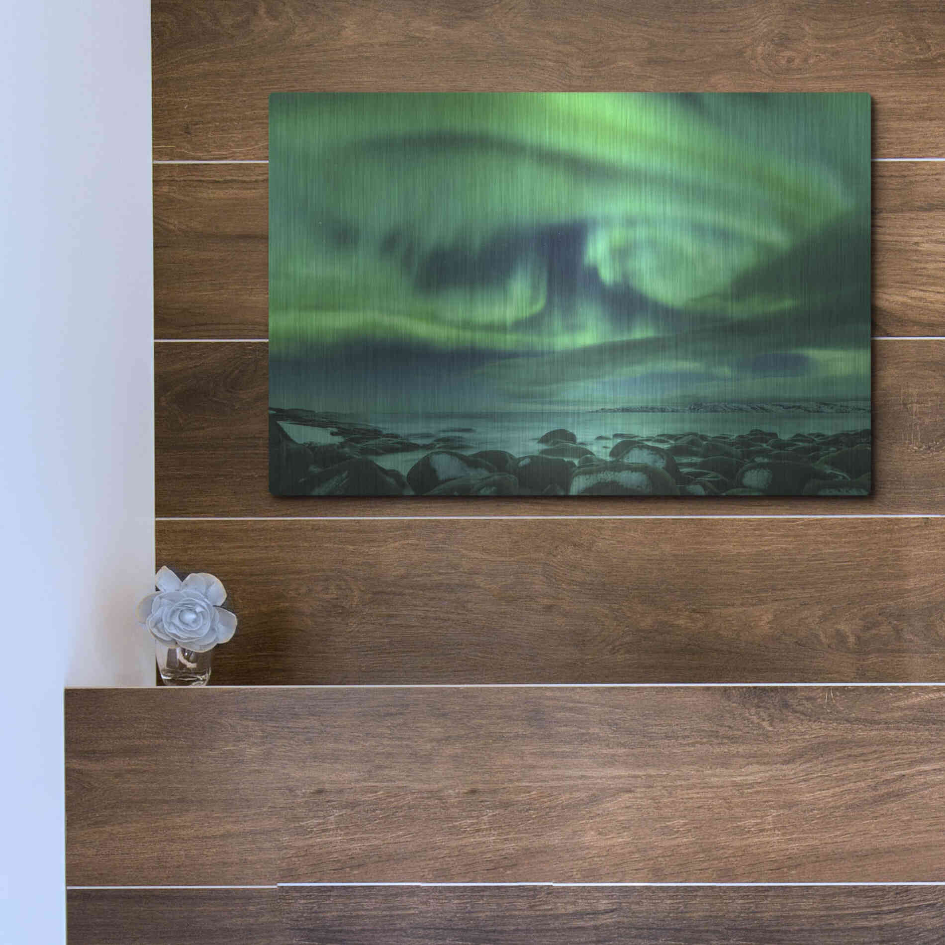 Luxe Metal Art 'Aurora Borealis Over Ocean' by Luxe Portfolio, Metal Wall Art,16x12