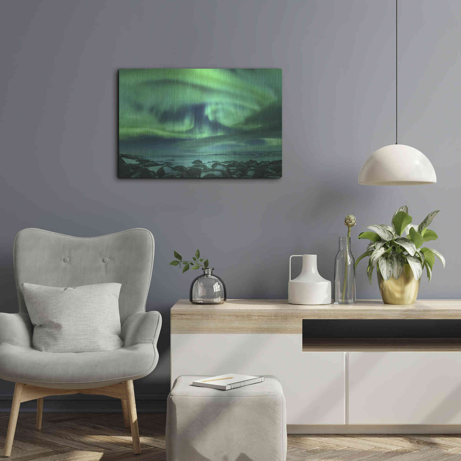 Luxe Metal Art 'Aurora Borealis Over Ocean' by Luxe Portfolio, Metal Wall Art,24x16