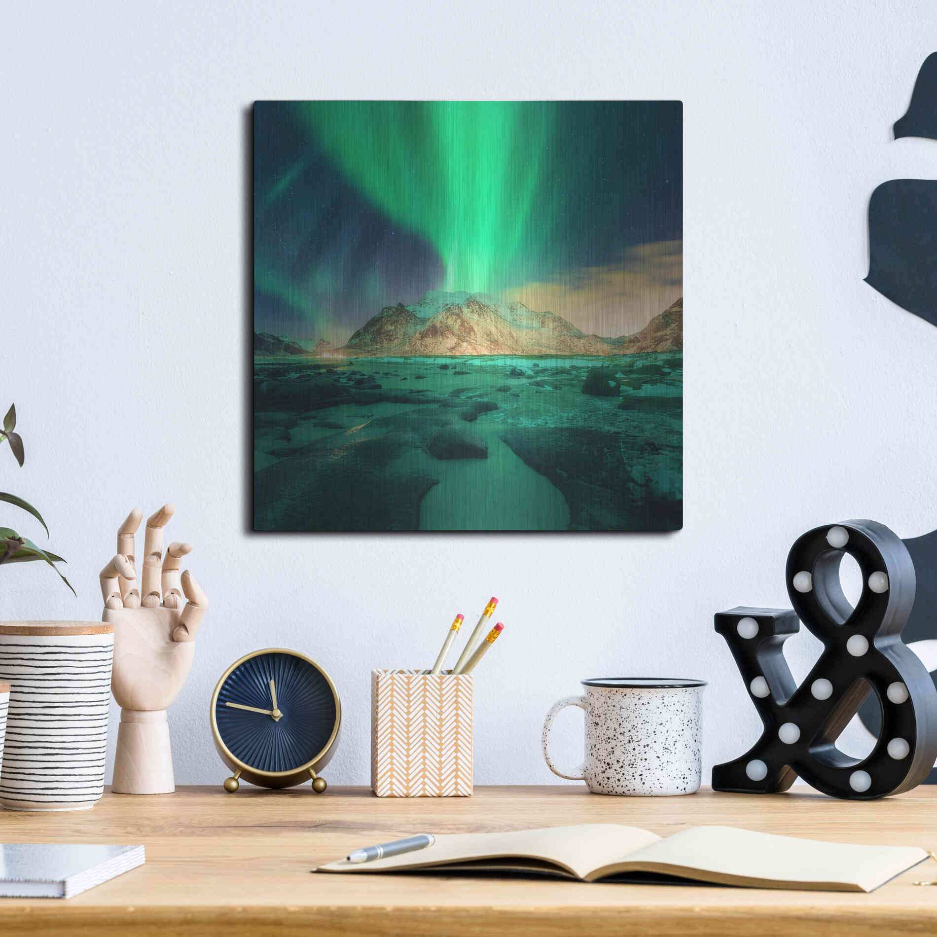 Luxe Metal Art 'Aurora Over Snowy Mountains' by Luxe Portfolio, Metal Wall Art,12x12