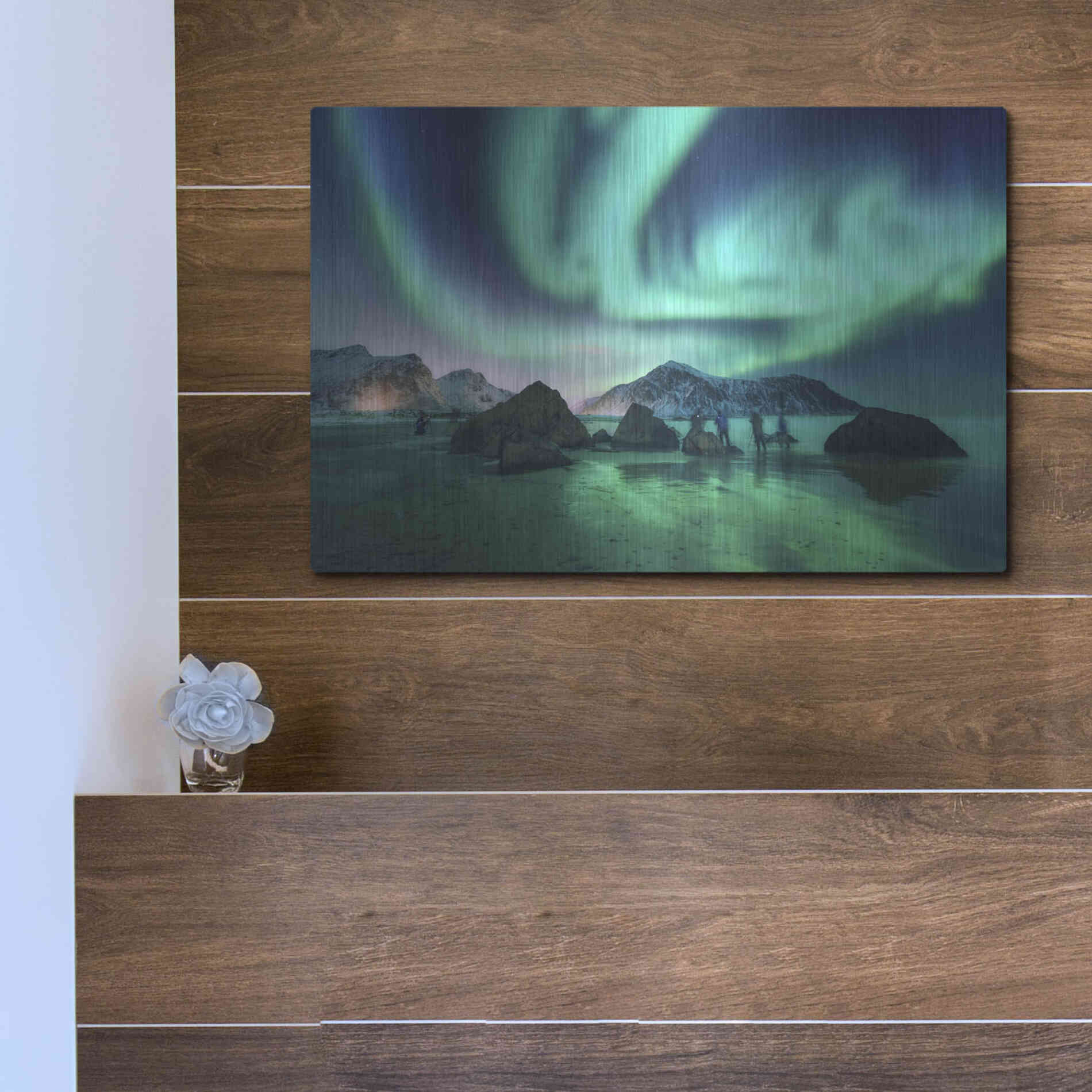 Luxe Metal Art 'Green Aurora Borealis And People' by Luxe Portfolio, Metal Wall Art,16x12