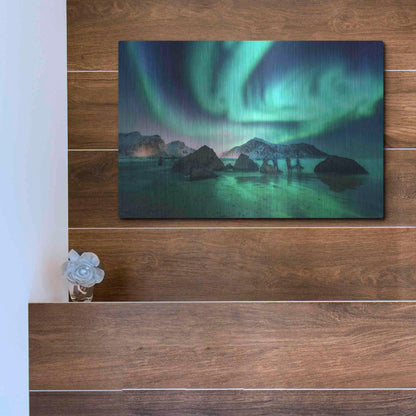 Luxe Metal Art 'Green Aurora Borealis And People' by Luxe Portfolio, Metal Wall Art,16x12