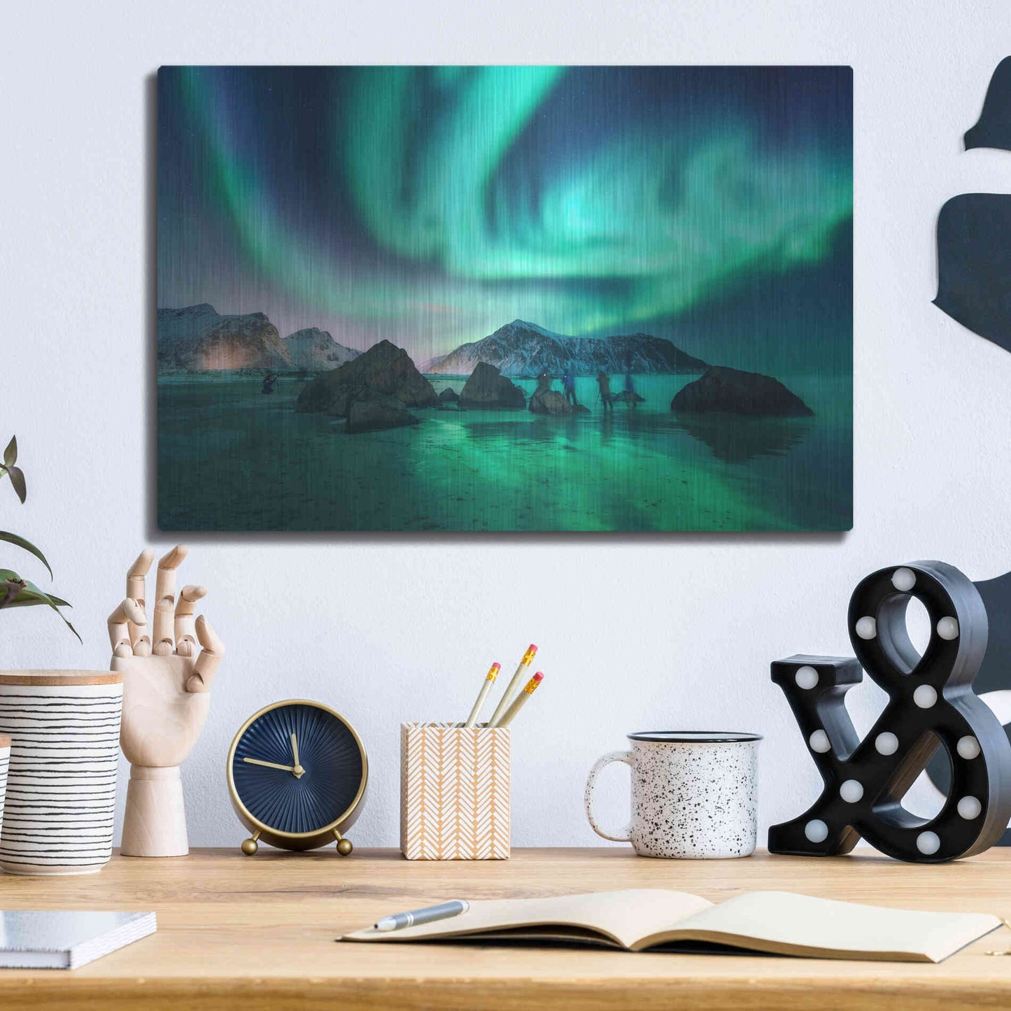 Luxe Metal Art 'Green Aurora Borealis And People' by Luxe Portfolio, Metal Wall Art,16x12