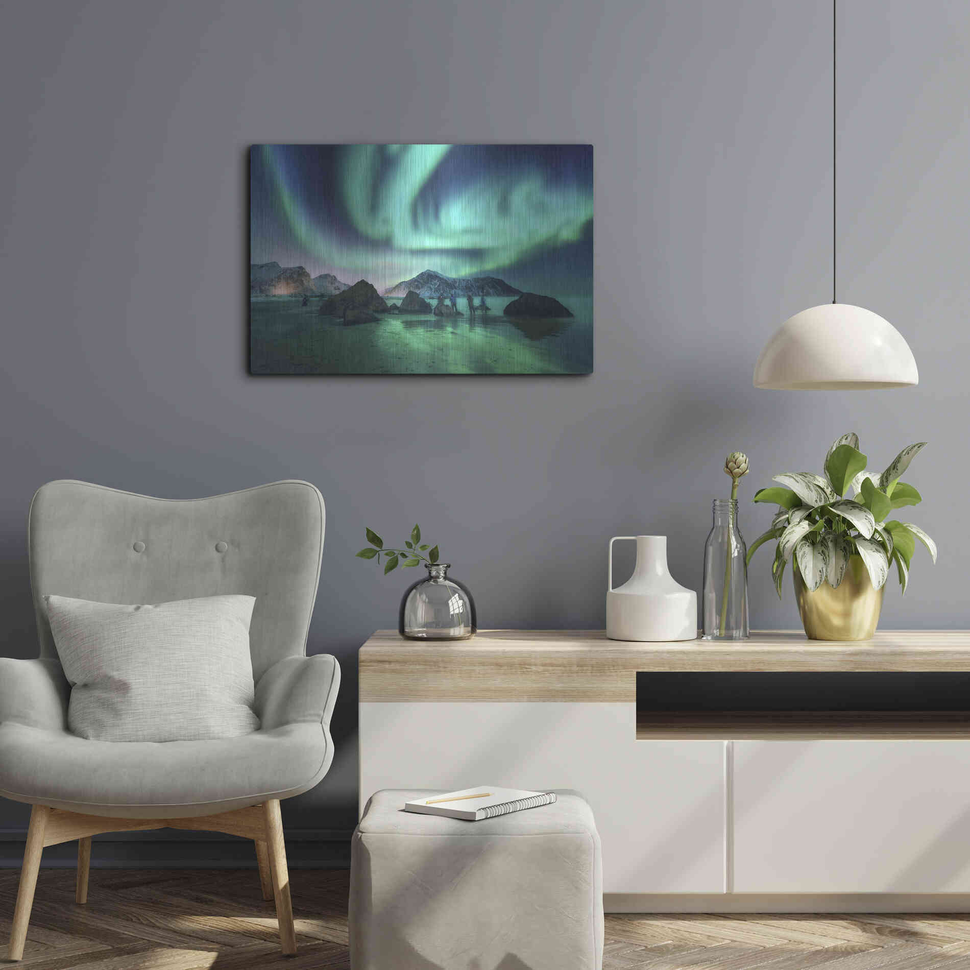Luxe Metal Art 'Green Aurora Borealis And People' by Luxe Portfolio, Metal Wall Art,24x16