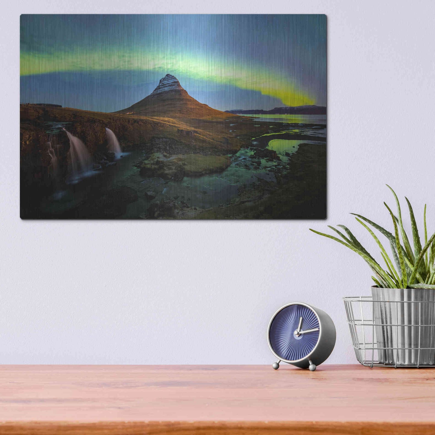 Luxe Metal Art 'Northern Light Aurora Borealis Over Kirkjufell 1' by Luxe Portfolio, Metal Wall Art,16x12