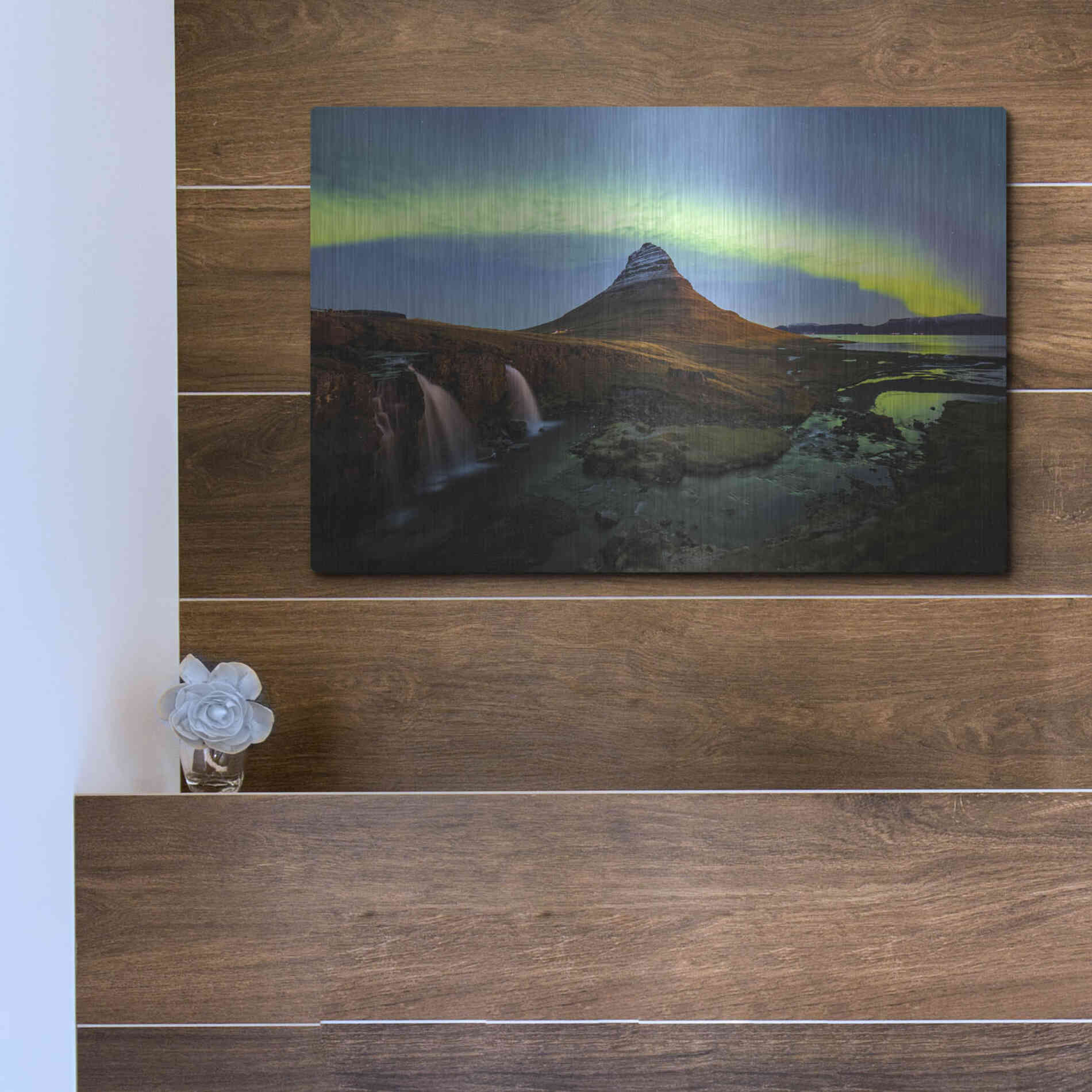 Luxe Metal Art 'Northern Light Aurora Borealis Over Kirkjufell 1' by Luxe Portfolio, Metal Wall Art,16x12