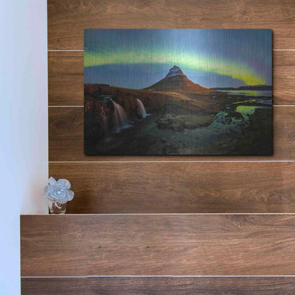Luxe Metal Art 'Northern Light Aurora Borealis Over Kirkjufell 1' by Luxe Portfolio, Metal Wall Art,16x12