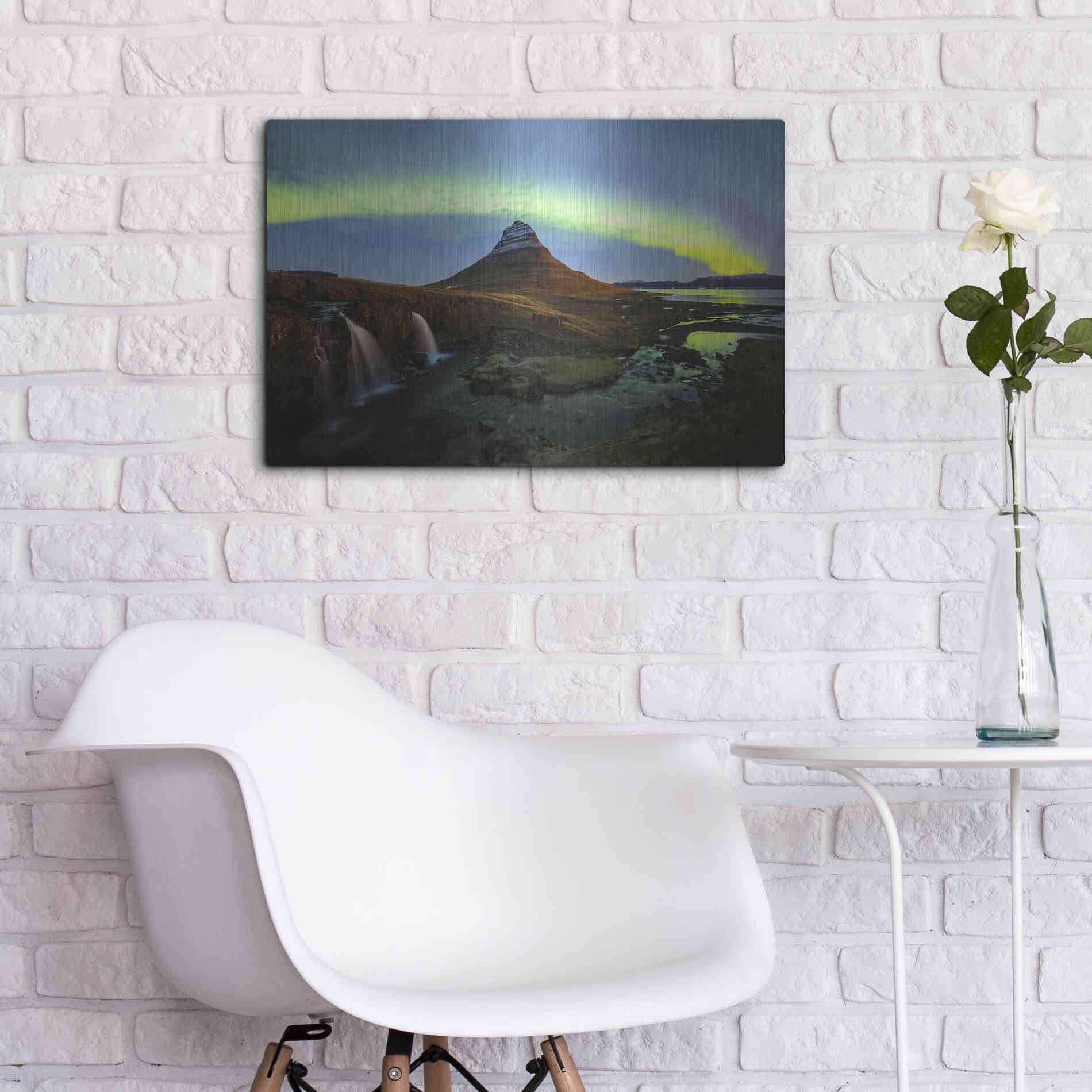 Luxe Metal Art 'Northern Light Aurora Borealis Over Kirkjufell 1' by Luxe Portfolio, Metal Wall Art,24x16