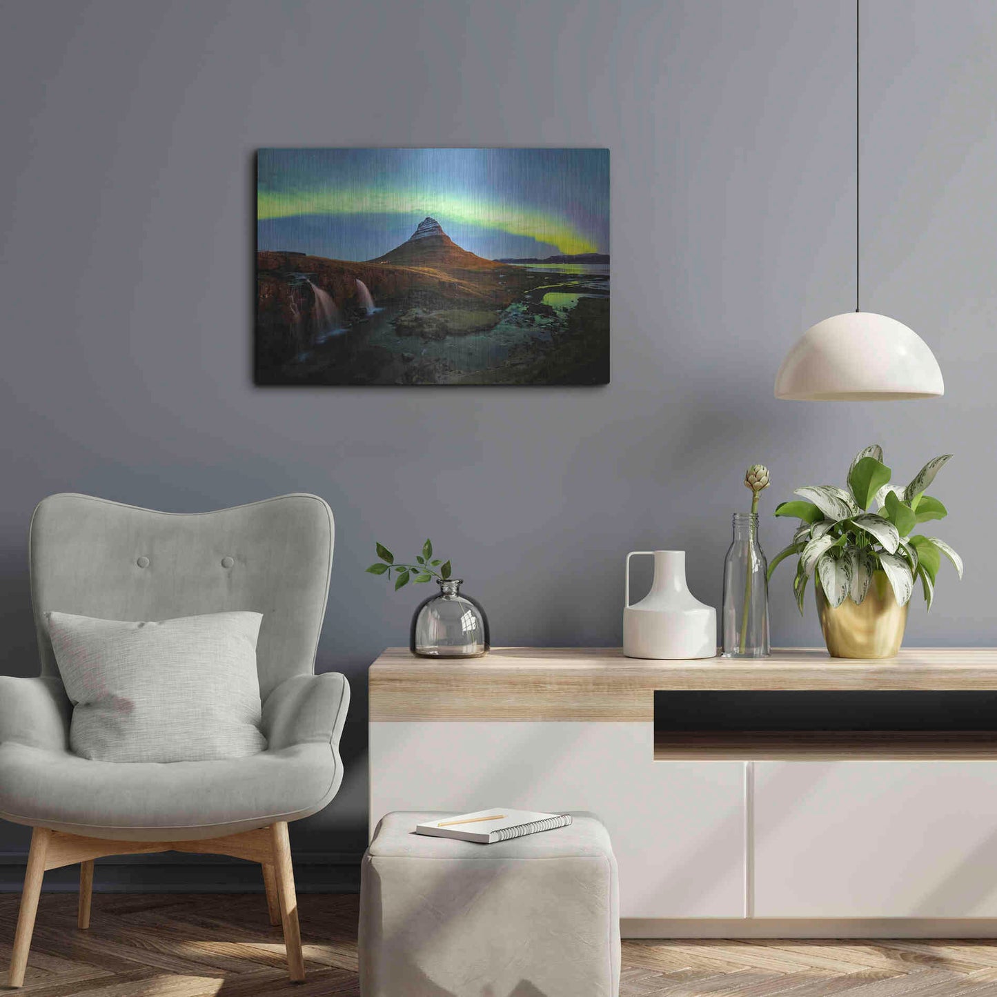 Luxe Metal Art 'Northern Light Aurora Borealis Over Kirkjufell 1' by Luxe Portfolio, Metal Wall Art,24x16