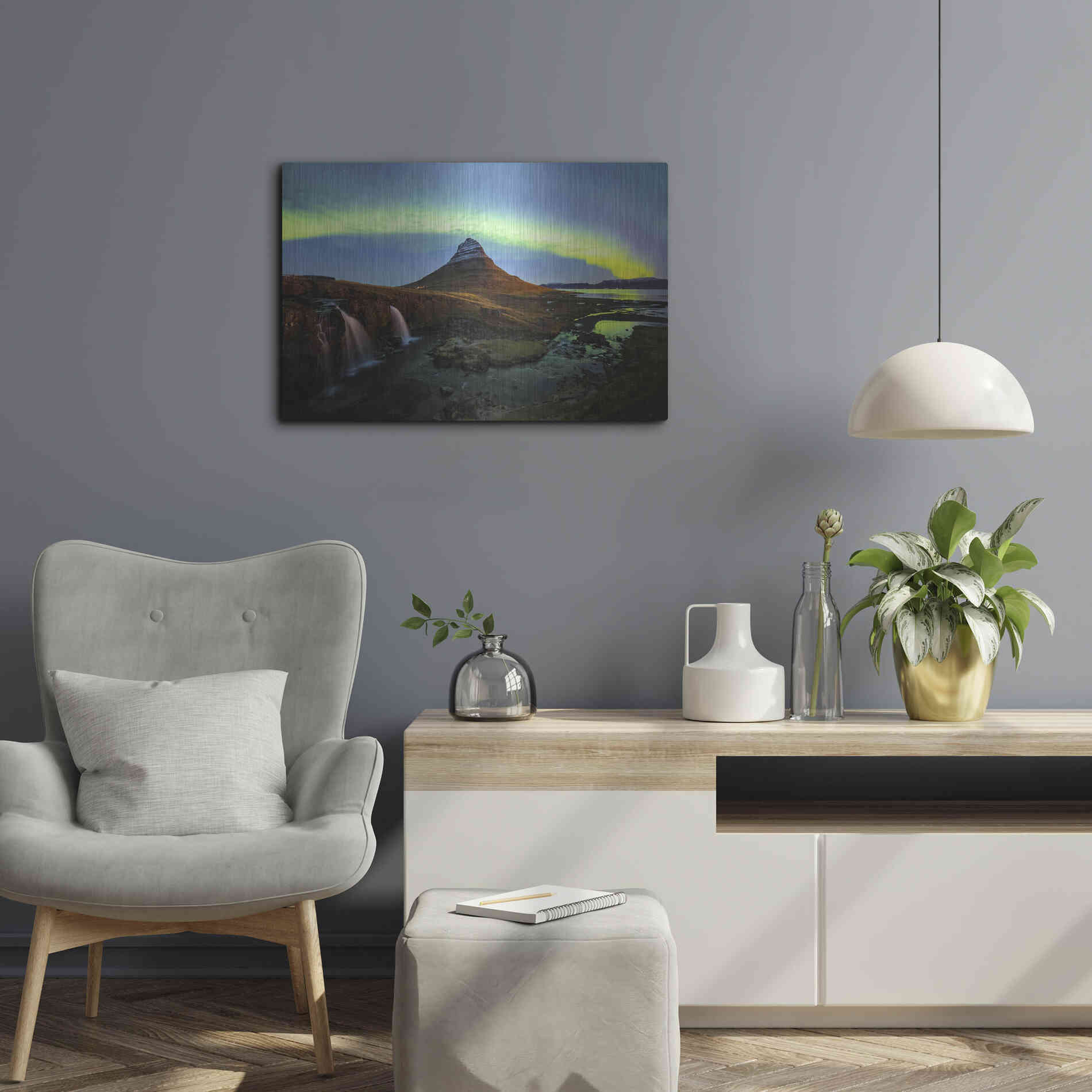 Luxe Metal Art 'Northern Light Aurora Borealis Over Kirkjufell 1' by Luxe Portfolio, Metal Wall Art,24x16
