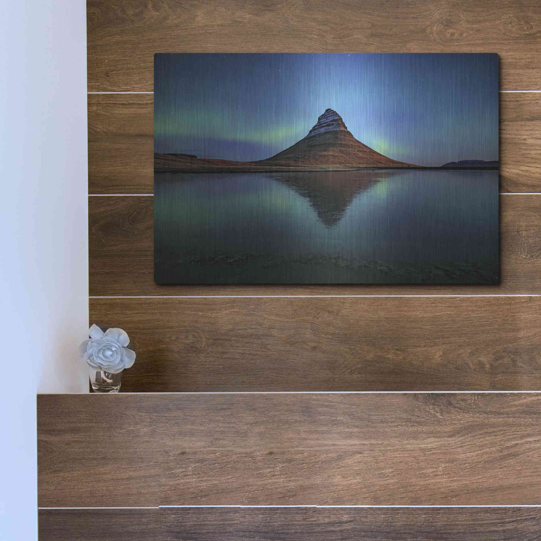 Luxe Metal Art 'Northern Light Aurora Borealis Over Kirkjufell 2' by Luxe Portfolio, Metal Wall Art,16x12