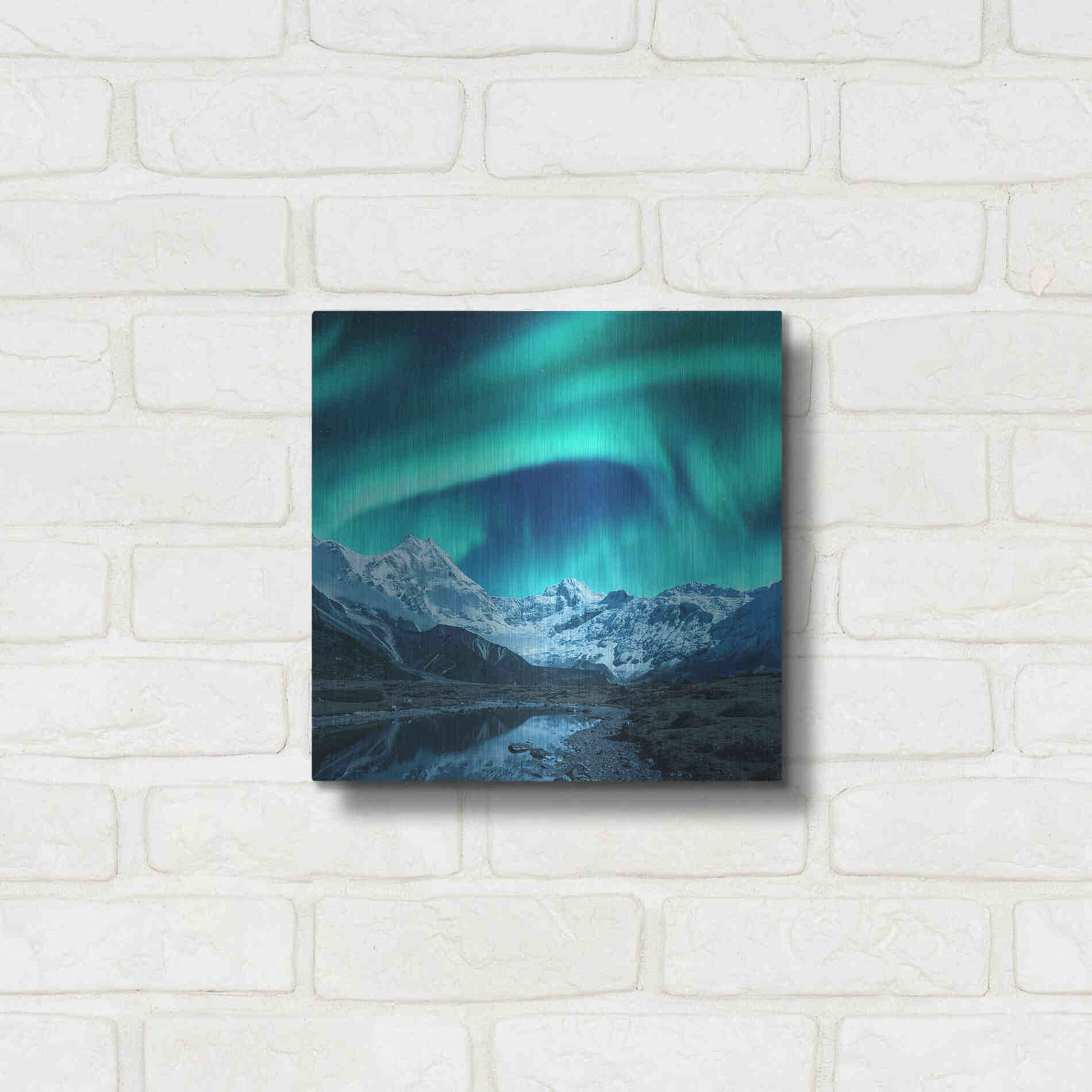 Luxe Metal Art 'Northern Lights Above Snow Covered Rocks' by Luxe Portfolio, Metal Wall Art,12x12