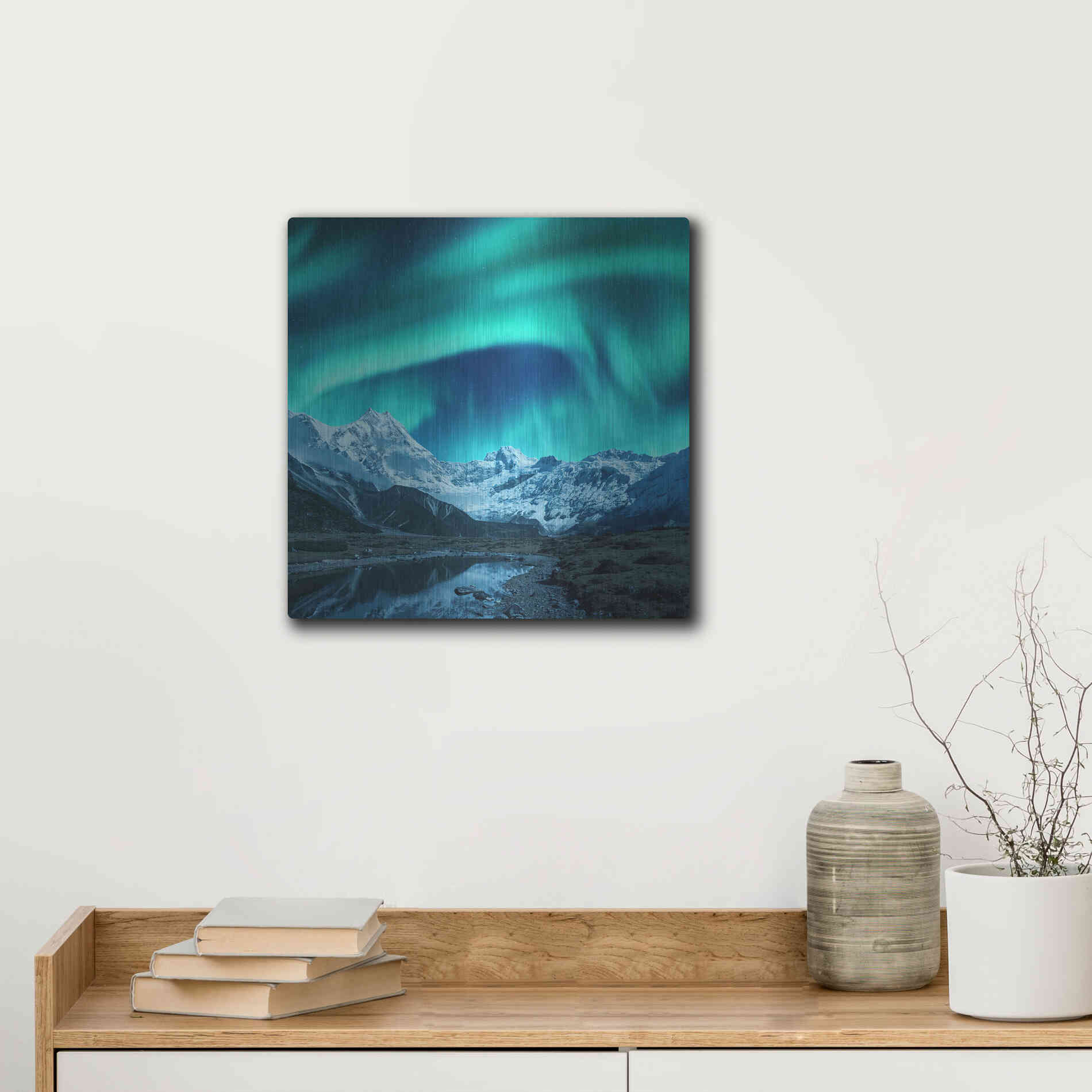 Luxe Metal Art 'Northern Lights Above Snow Covered Rocks' by Luxe Portfolio, Metal Wall Art,12x12