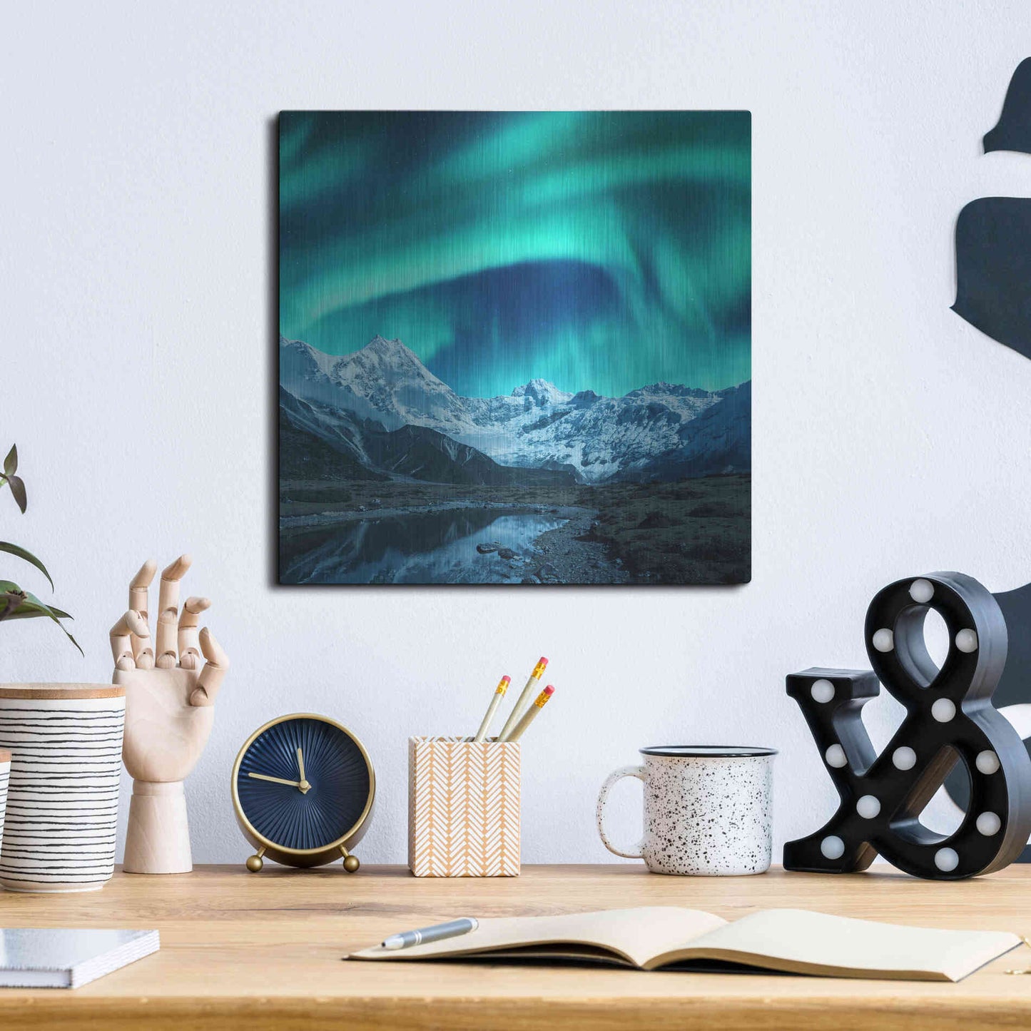 Luxe Metal Art 'Northern Lights Above Snow Covered Rocks' by Luxe Portfolio, Metal Wall Art,12x12