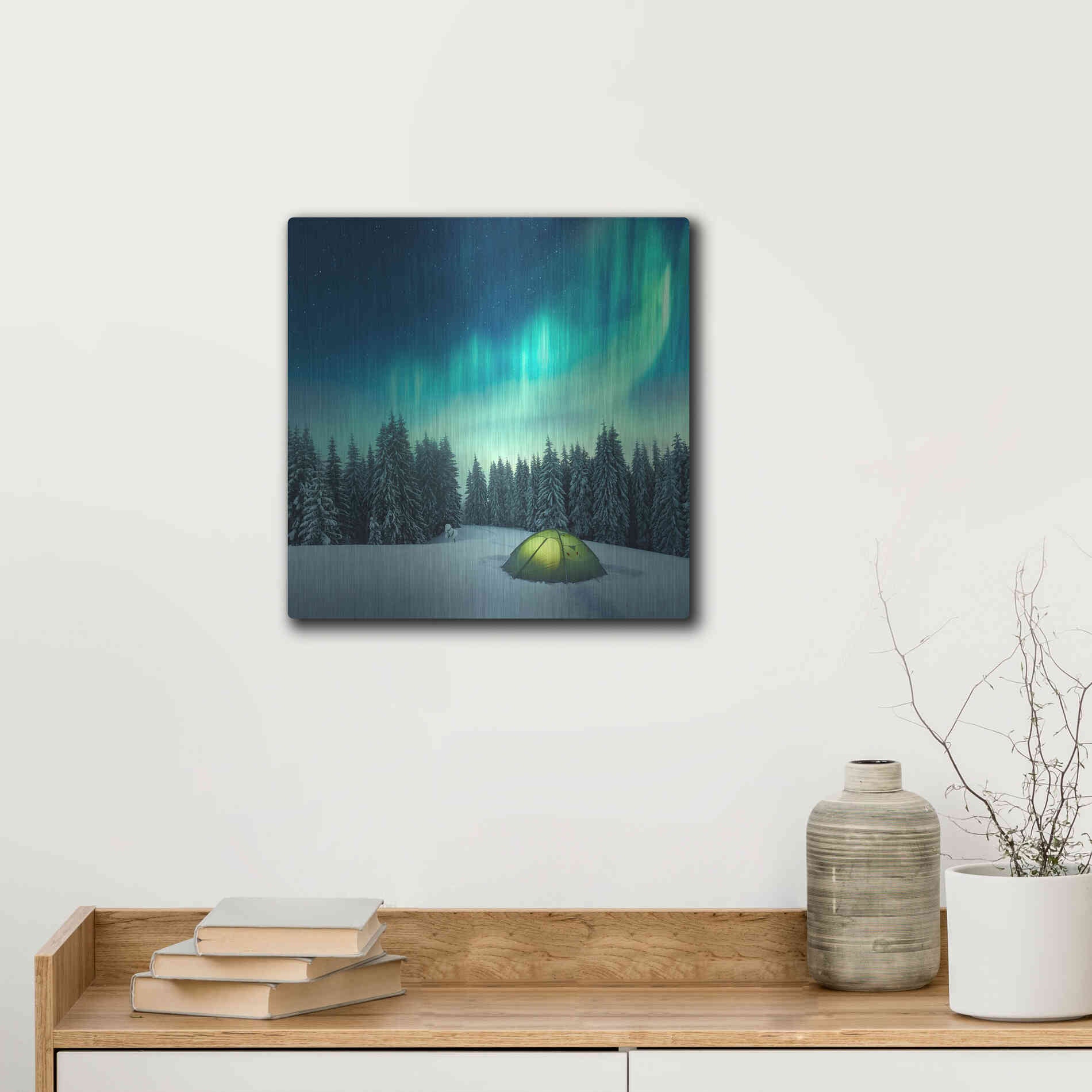Luxe Metal Art 'Northern Lights In Winter Forest 1' by Luxe Portfolio, Metal Wall Art,12x12