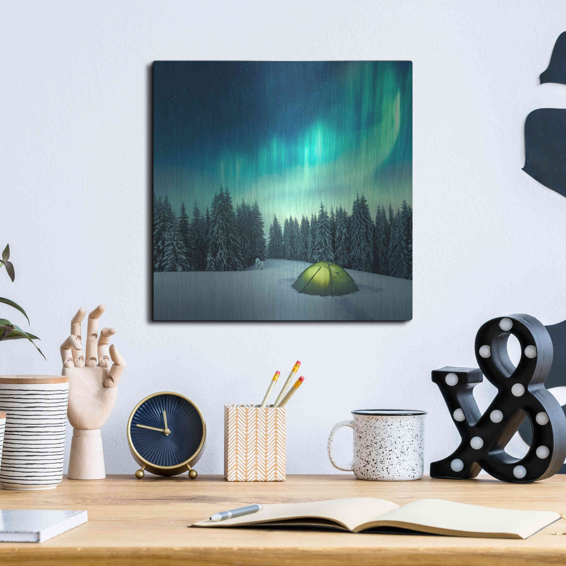 Luxe Metal Art 'Northern Lights In Winter Forest 1' by Luxe Portfolio, Metal Wall Art,12x12
