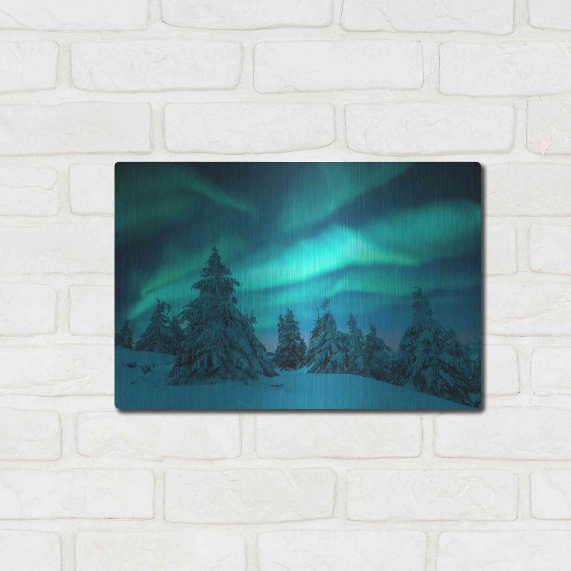 Luxe Metal Art 'Northern Lights In Winter Forest 2' by Luxe Portfolio, Metal Wall Art,16x12