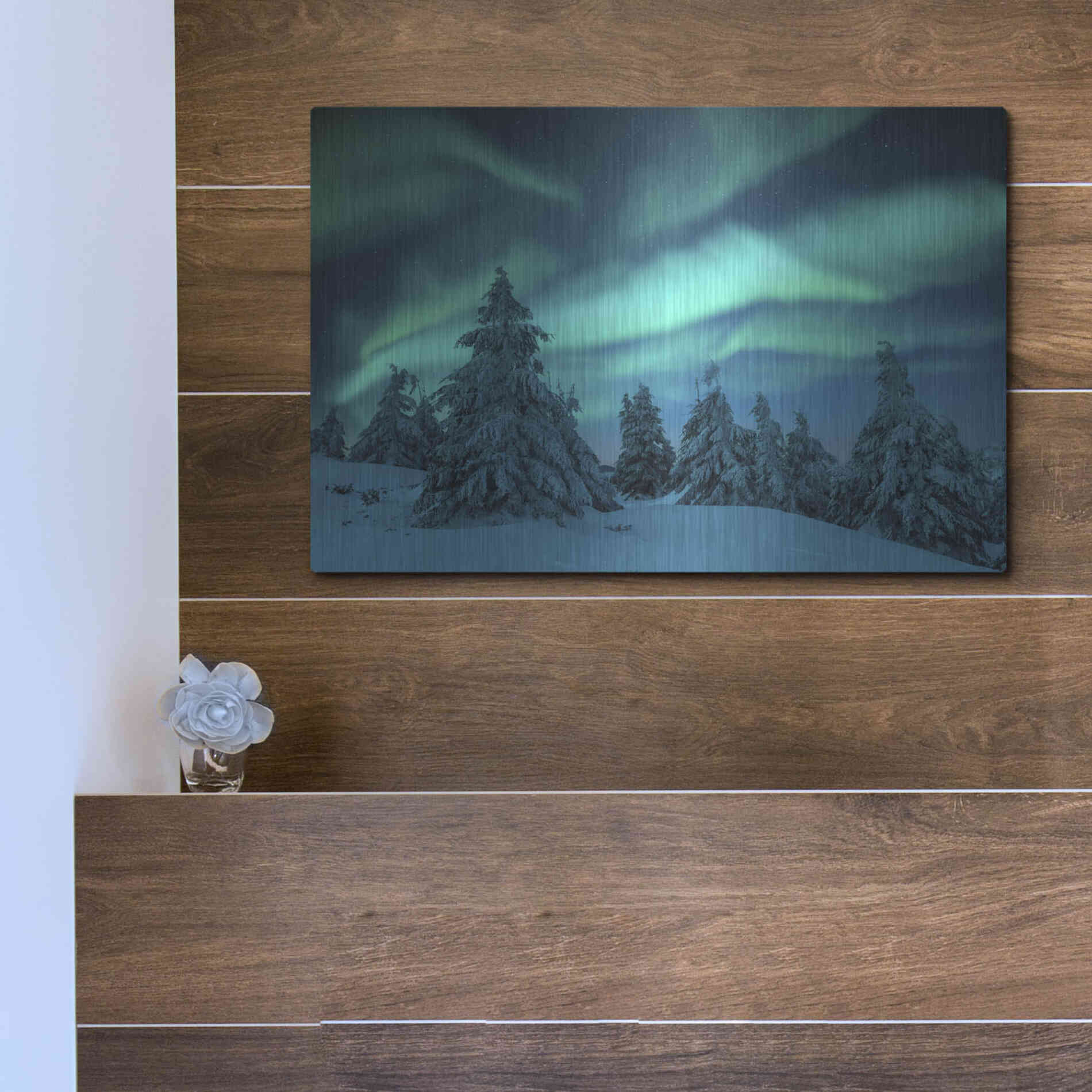 Luxe Metal Art 'Northern Lights In Winter Forest 2' by Luxe Portfolio, Metal Wall Art,16x12