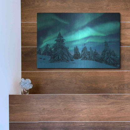 Luxe Metal Art 'Northern Lights In Winter Forest 2' by Luxe Portfolio, Metal Wall Art,16x12