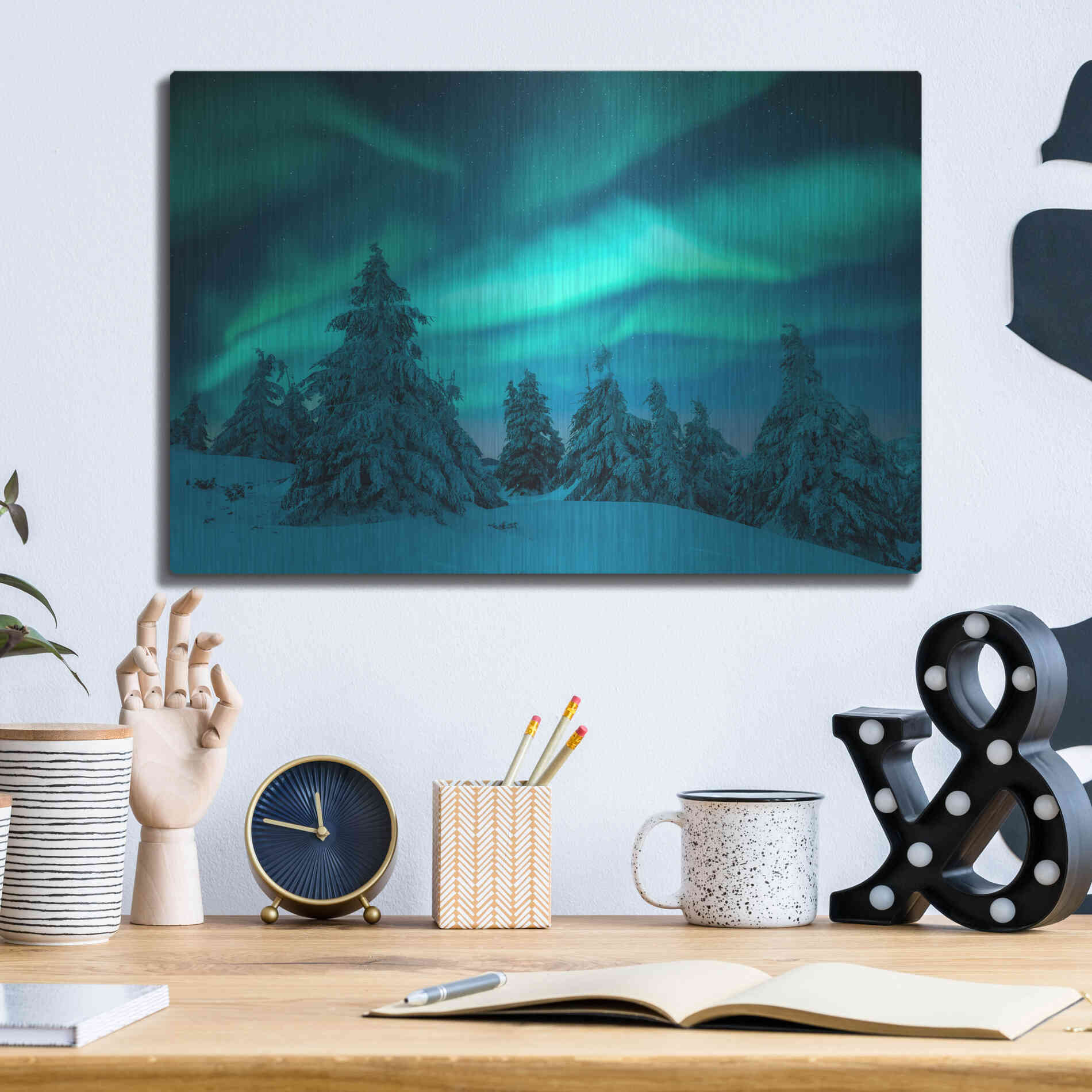 Luxe Metal Art 'Northern Lights In Winter Forest 2' by Luxe Portfolio, Metal Wall Art,16x12