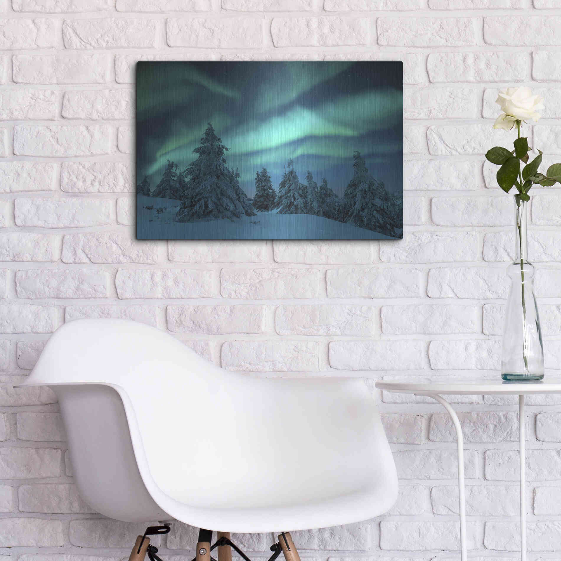 Luxe Metal Art 'Northern Lights In Winter Forest 2' by Luxe Portfolio, Metal Wall Art,24x16