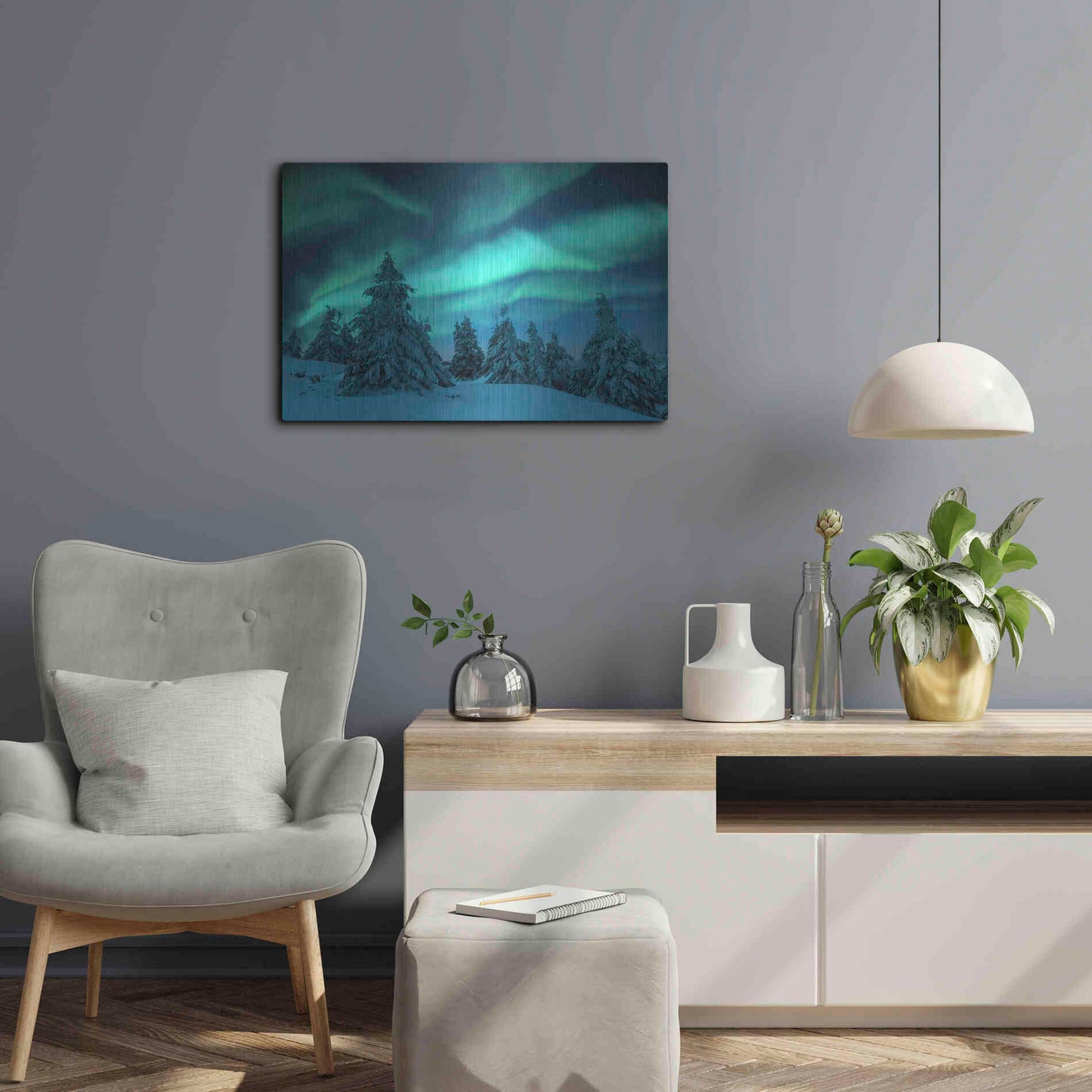 Luxe Metal Art 'Northern Lights In Winter Forest 2' by Luxe Portfolio, Metal Wall Art,24x16