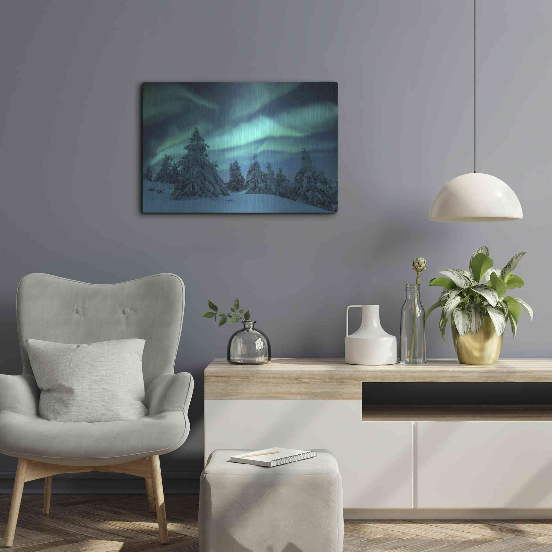 Luxe Metal Art 'Northern Lights In Winter Forest 2' by Luxe Portfolio, Metal Wall Art,24x16