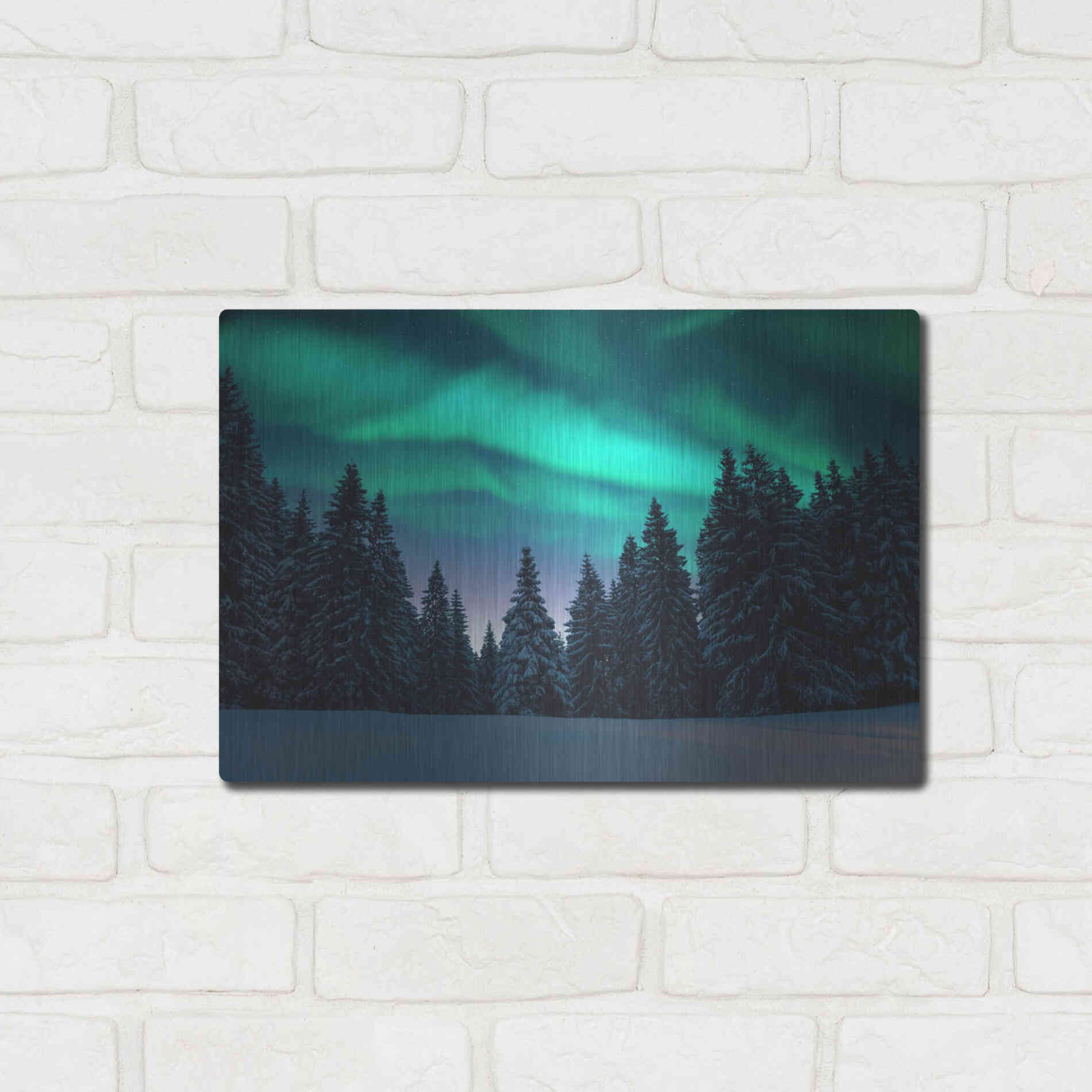 Luxe Metal Art 'Northern Lights In Winter Forest 3' by Luxe Portfolio, Metal Wall Art,16x12