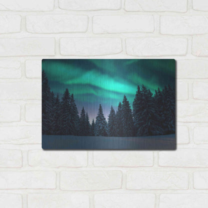Luxe Metal Art 'Northern Lights In Winter Forest 3' by Luxe Portfolio, Metal Wall Art,16x12