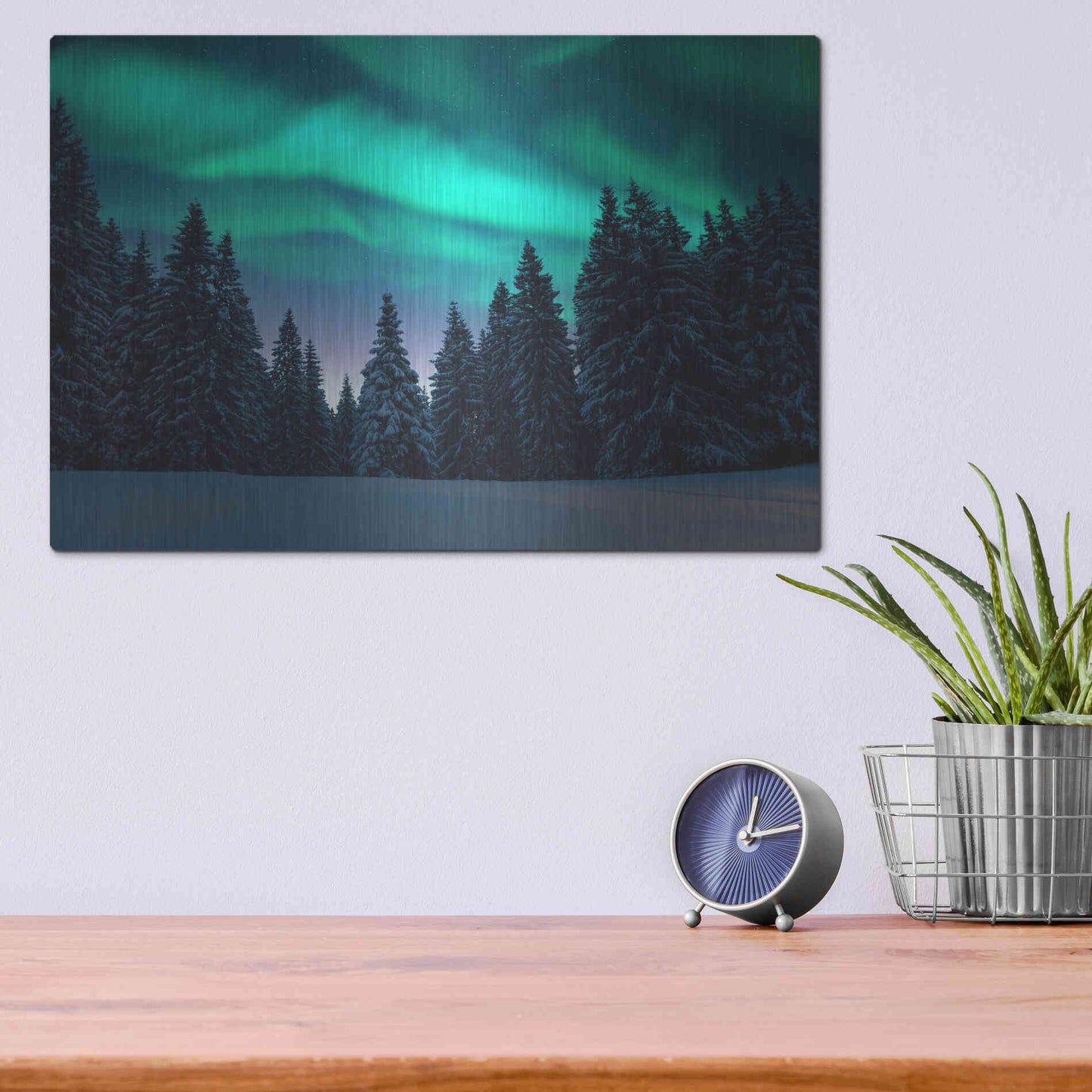 Luxe Metal Art 'Northern Lights In Winter Forest 3' by Luxe Portfolio, Metal Wall Art,16x12