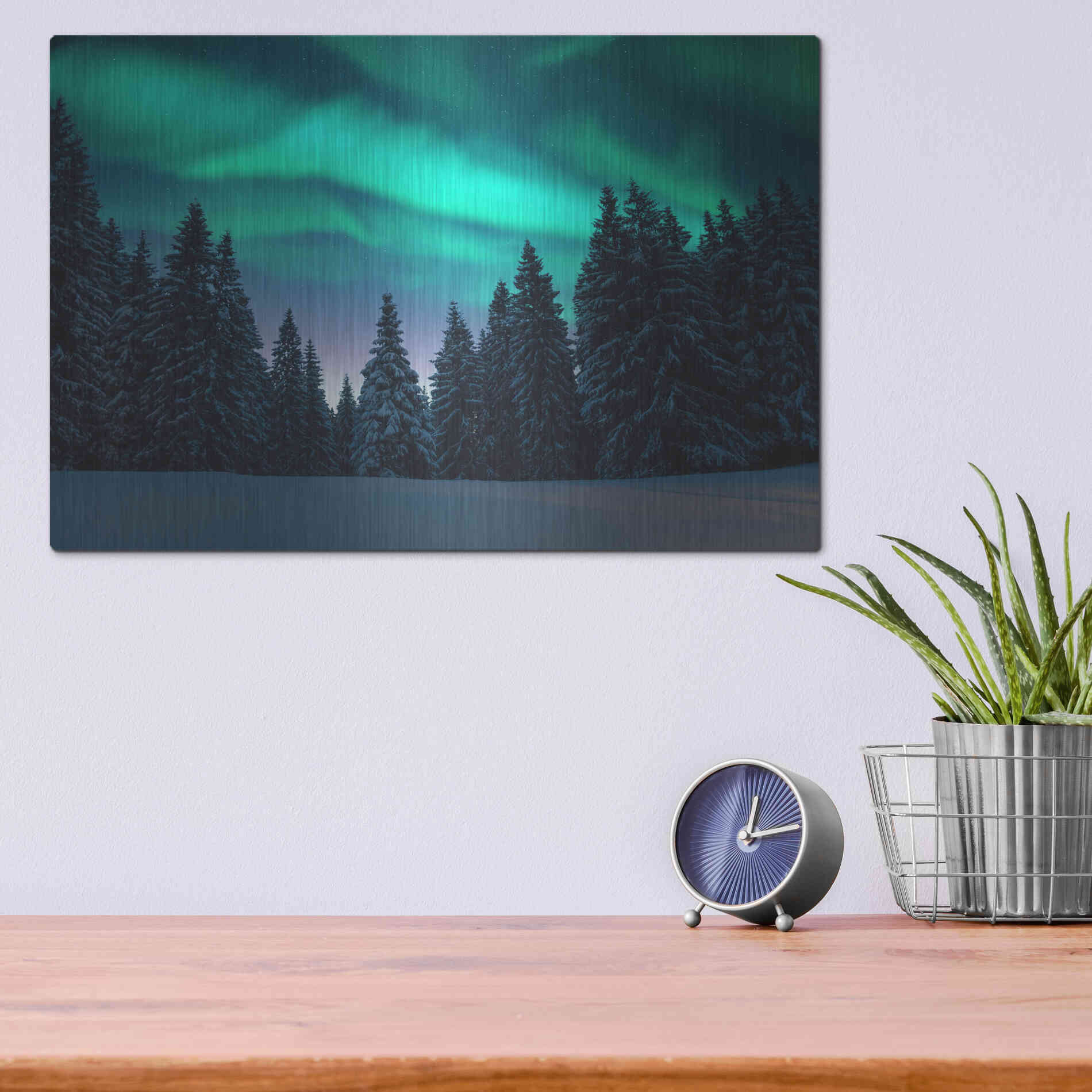 Luxe Metal Art 'Northern Lights In Winter Forest 3' by Luxe Portfolio, Metal Wall Art,16x12