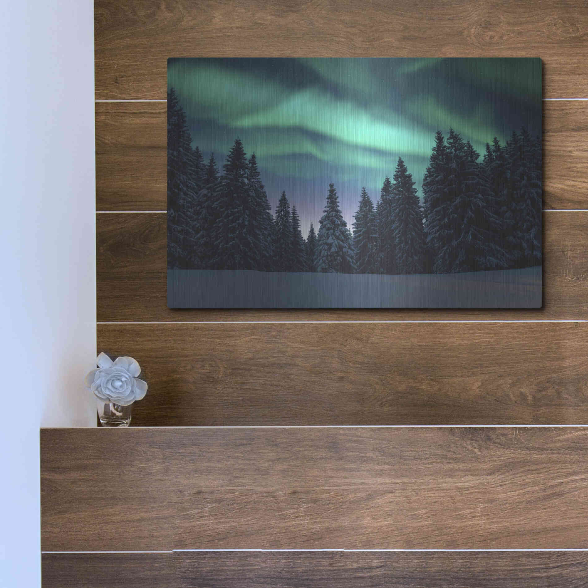 Luxe Metal Art 'Northern Lights In Winter Forest 3' by Luxe Portfolio, Metal Wall Art,16x12