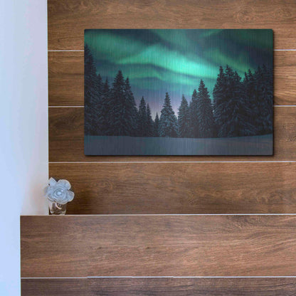 Luxe Metal Art 'Northern Lights In Winter Forest 3' by Luxe Portfolio, Metal Wall Art,16x12