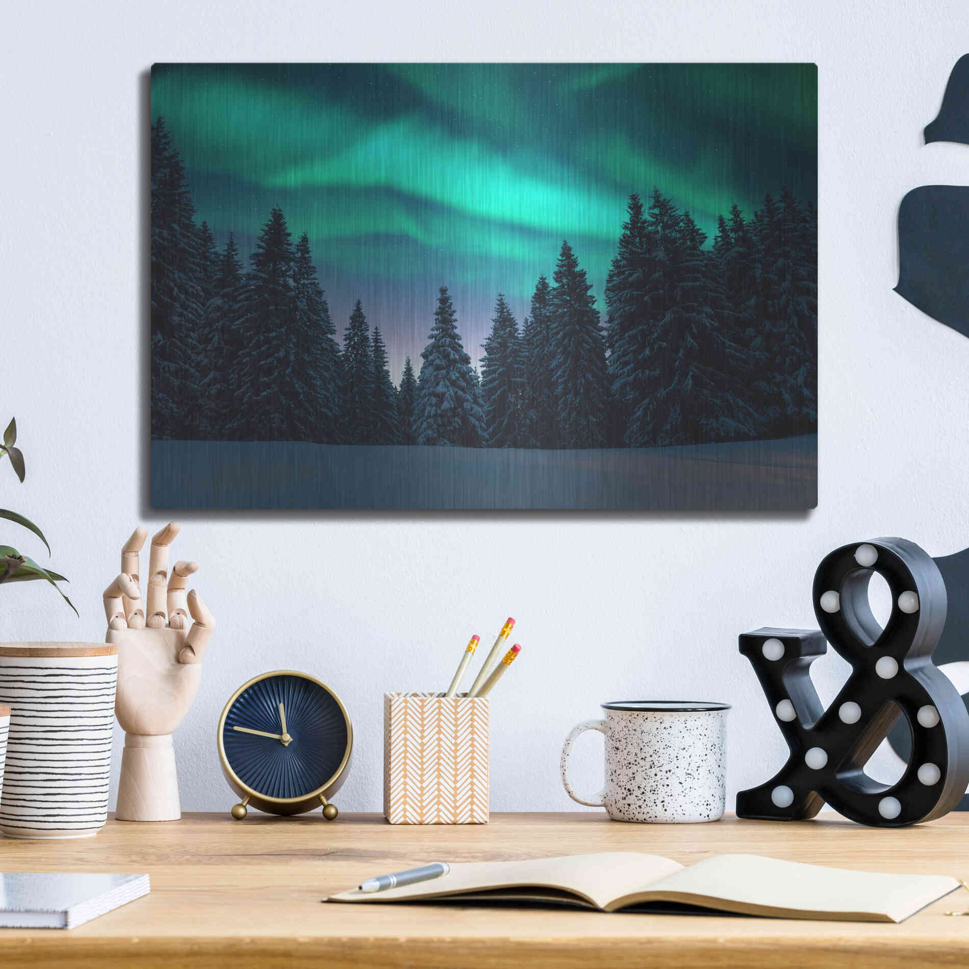 Luxe Metal Art 'Northern Lights In Winter Forest 3' by Luxe Portfolio, Metal Wall Art,16x12