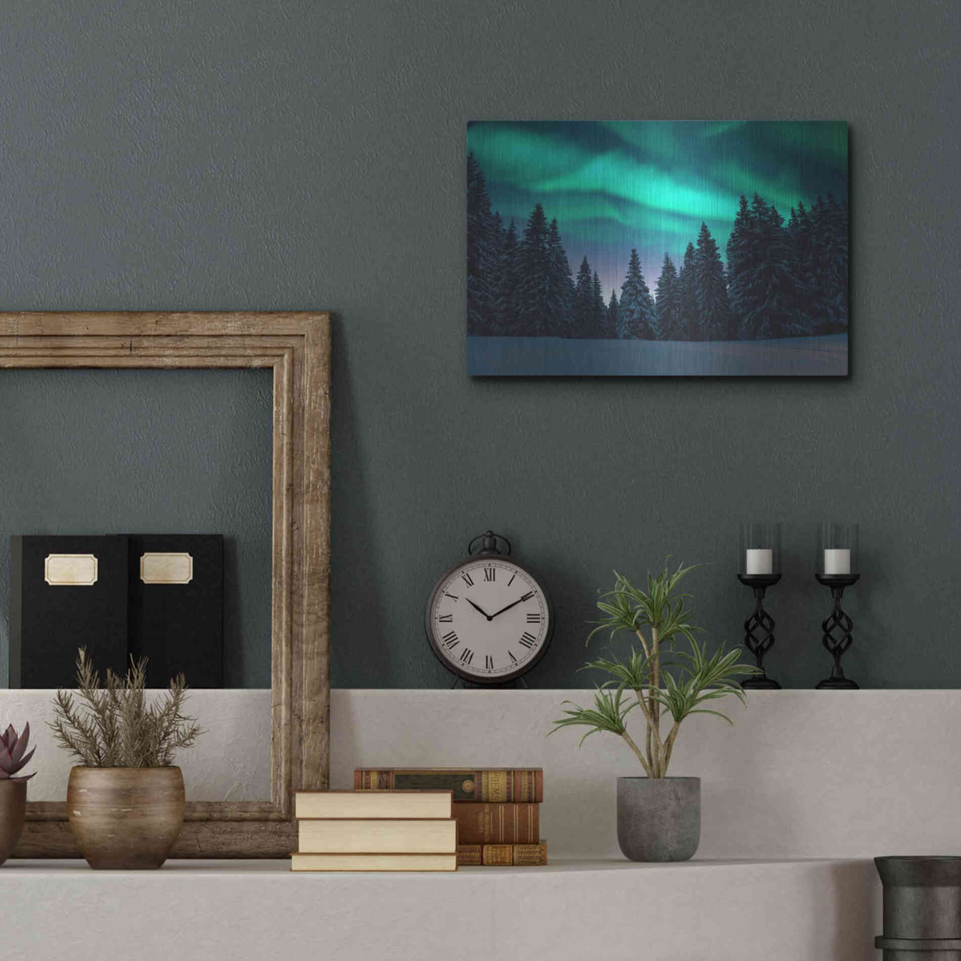 Luxe Metal Art 'Northern Lights In Winter Forest 3' by Luxe Portfolio, Metal Wall Art,16x12