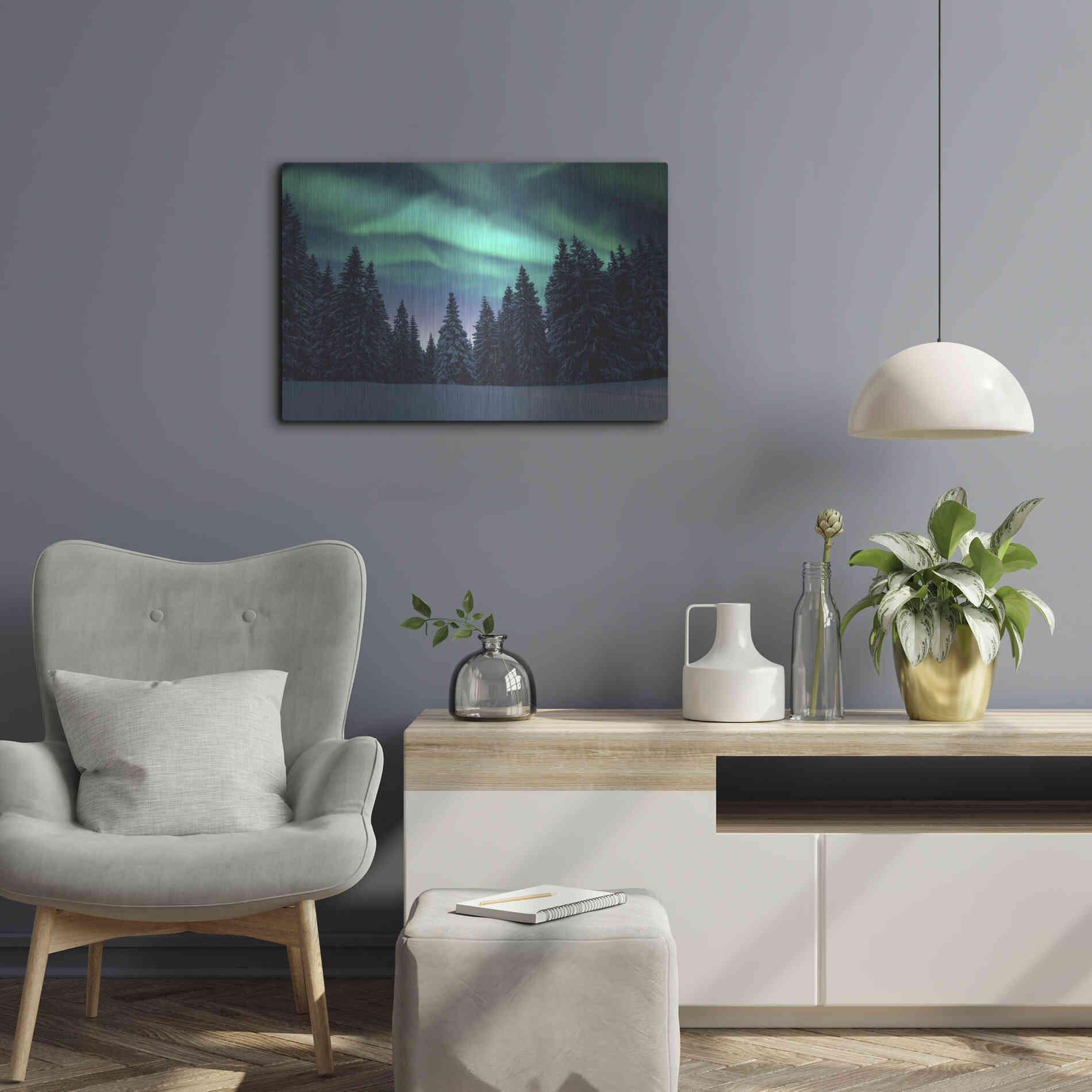 Luxe Metal Art 'Northern Lights In Winter Forest 3' by Luxe Portfolio, Metal Wall Art,24x16