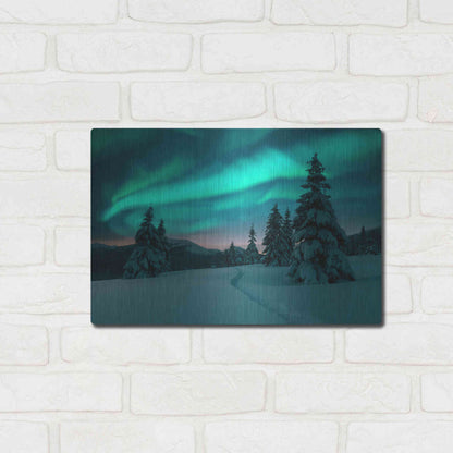 Luxe Metal Art 'Northern Lights In Winter Forest 4' by Luxe Portfolio, Metal Wall Art,16x12