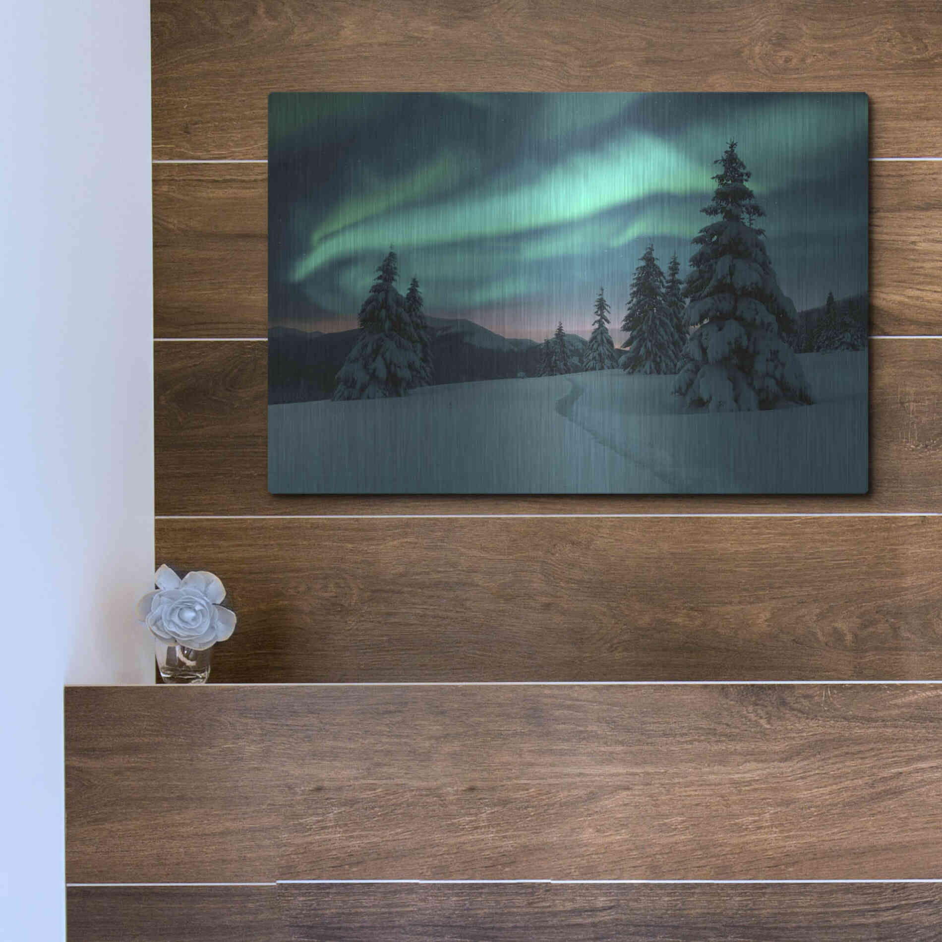 Luxe Metal Art 'Northern Lights In Winter Forest 4' by Luxe Portfolio, Metal Wall Art,16x12